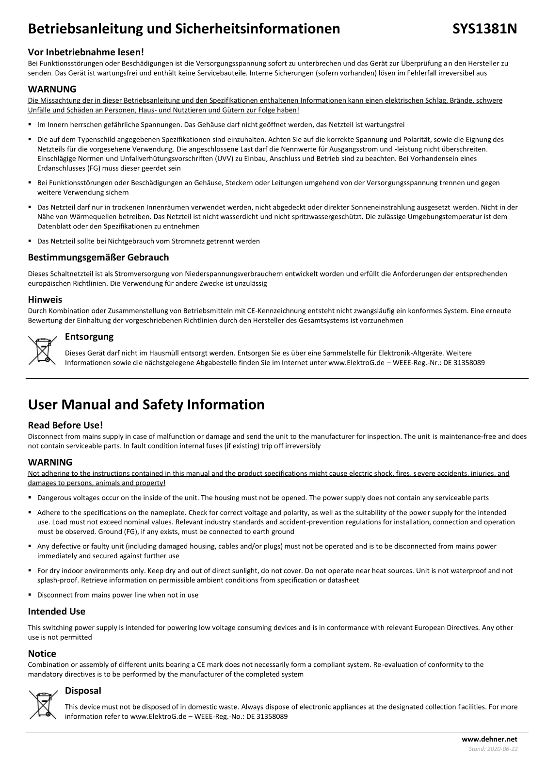 Dehner Elektronik SYS 1381 Operating Instructions