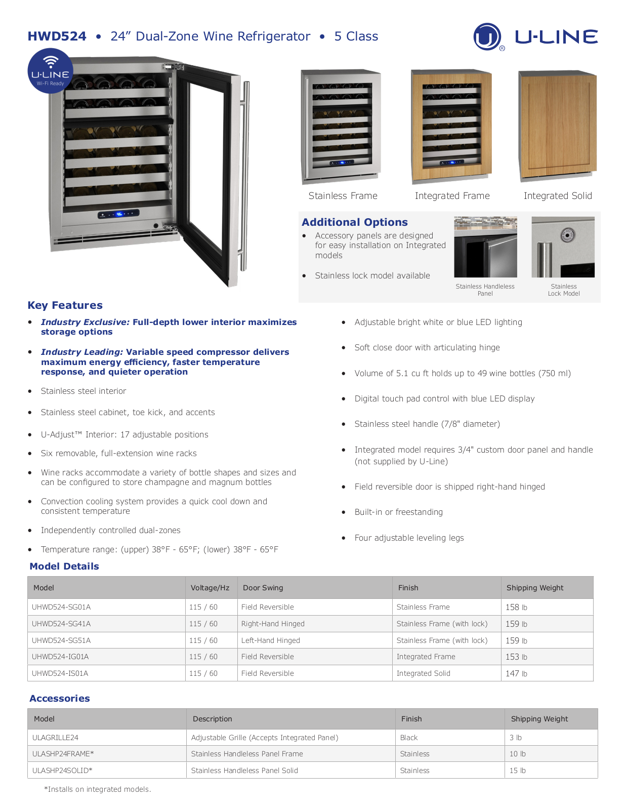 U-Line UHWD524-SG01A, UHWD524-SG41A, UHWD524-IG01A, UHWD524-IS01A Specification Sheet