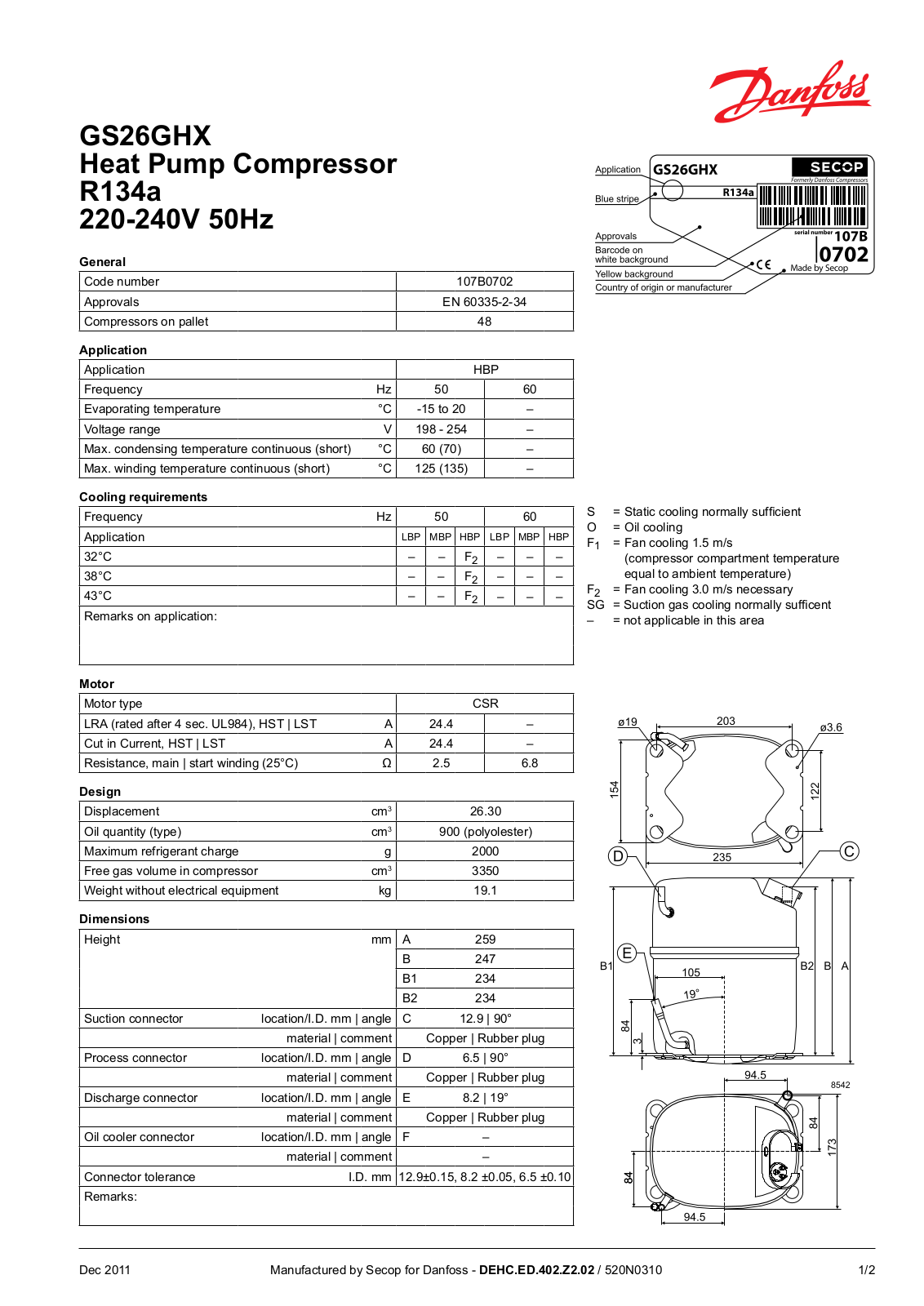 Danfoss GS26GHX Data sheet