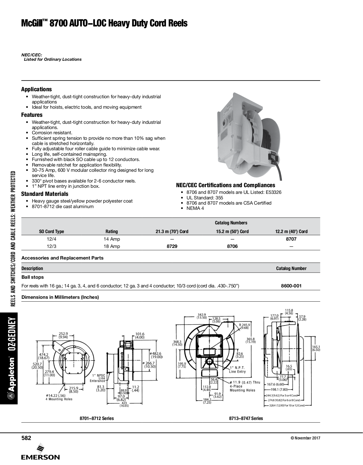 Appleton 8700 AUTO-LOC Heavy Duty Cord Reels Catalog Page