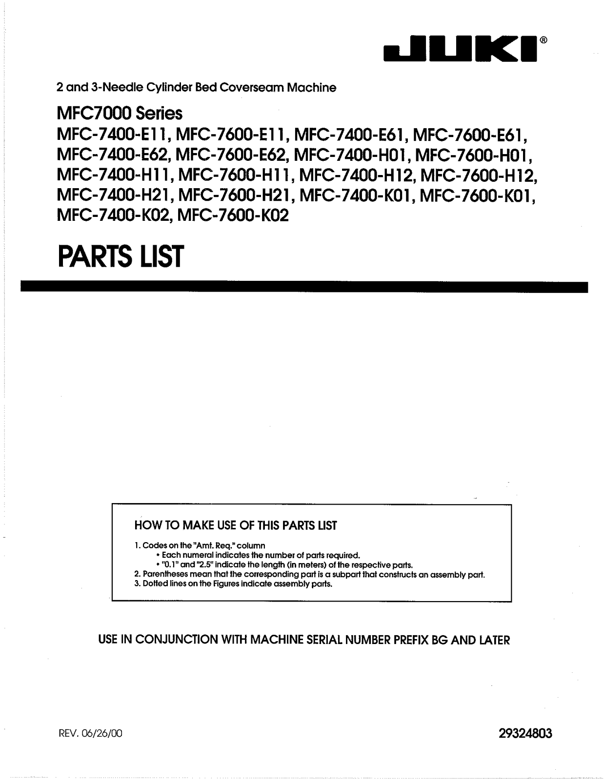 Union Special MFC7000 Parts List