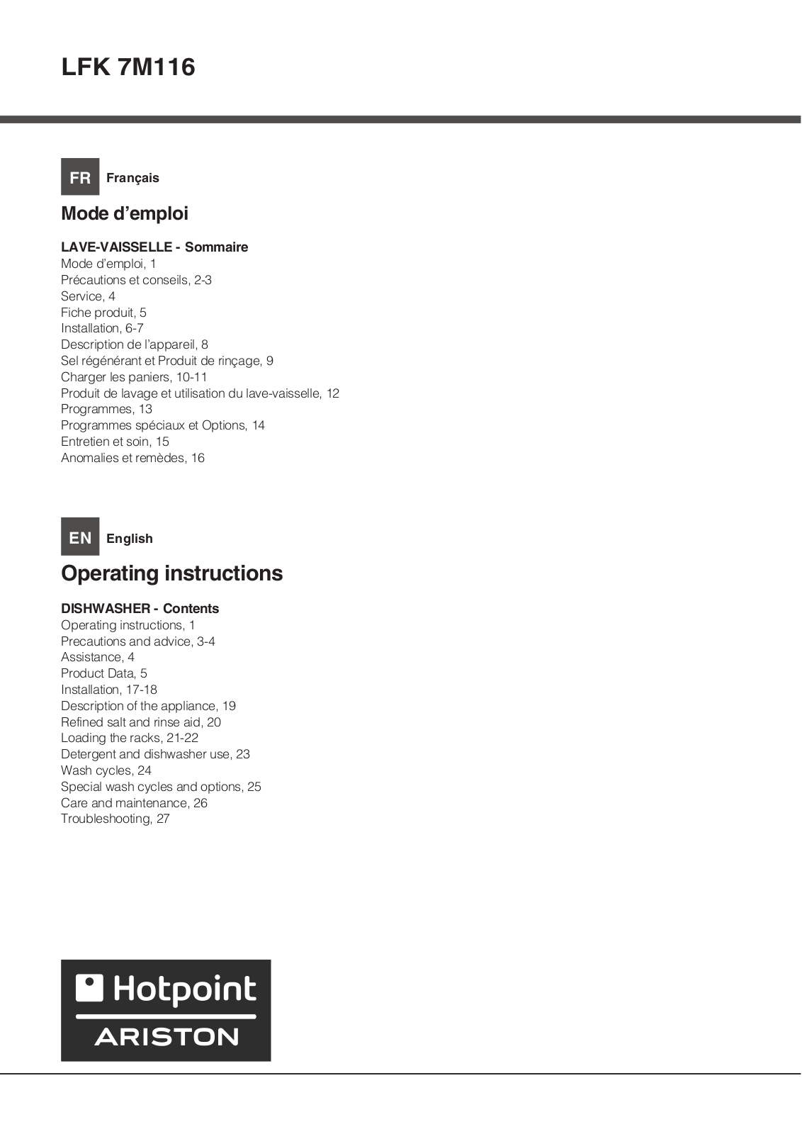 HOTPOINT-ARISTON LFK 7M116 X FR User Manual