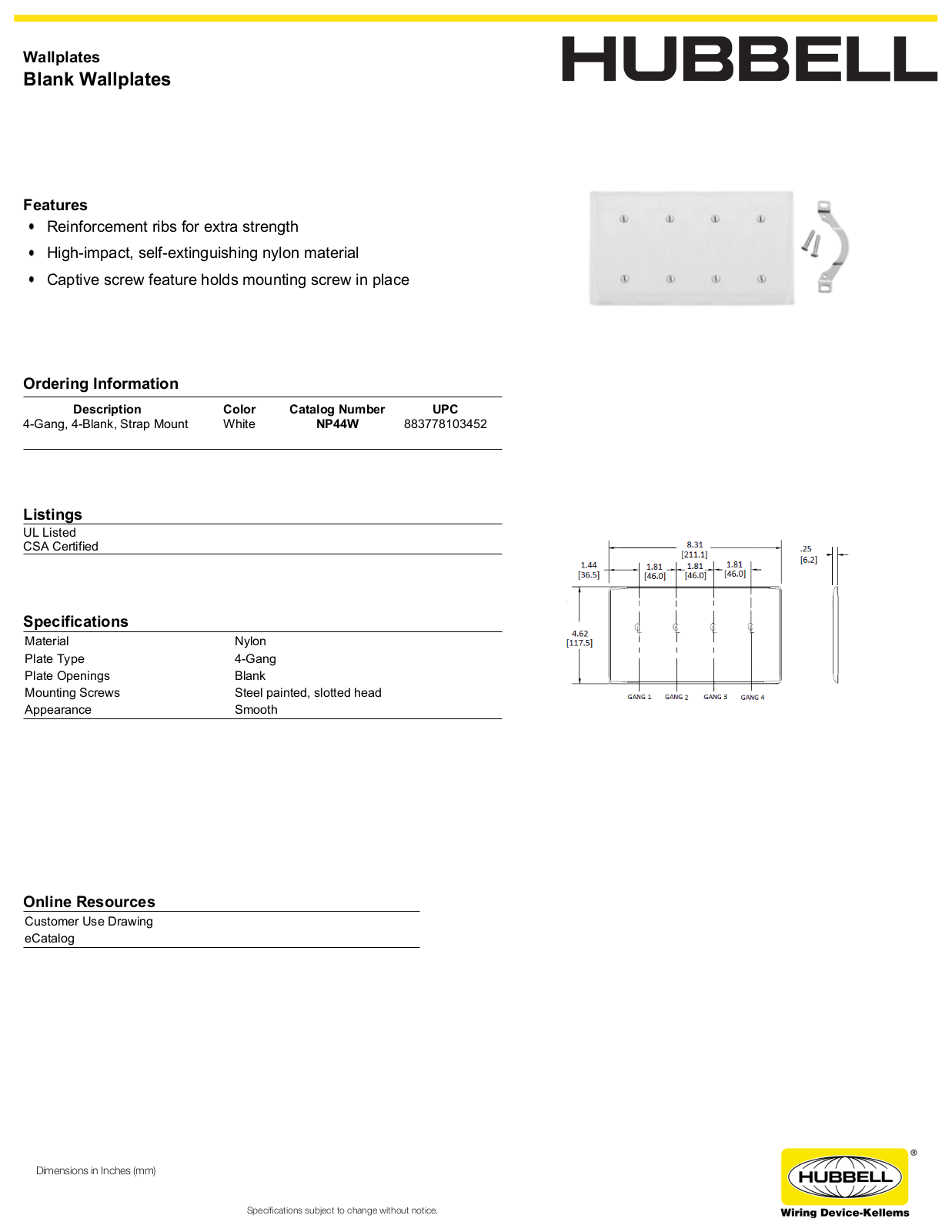 Hubbell NP44W Specifications