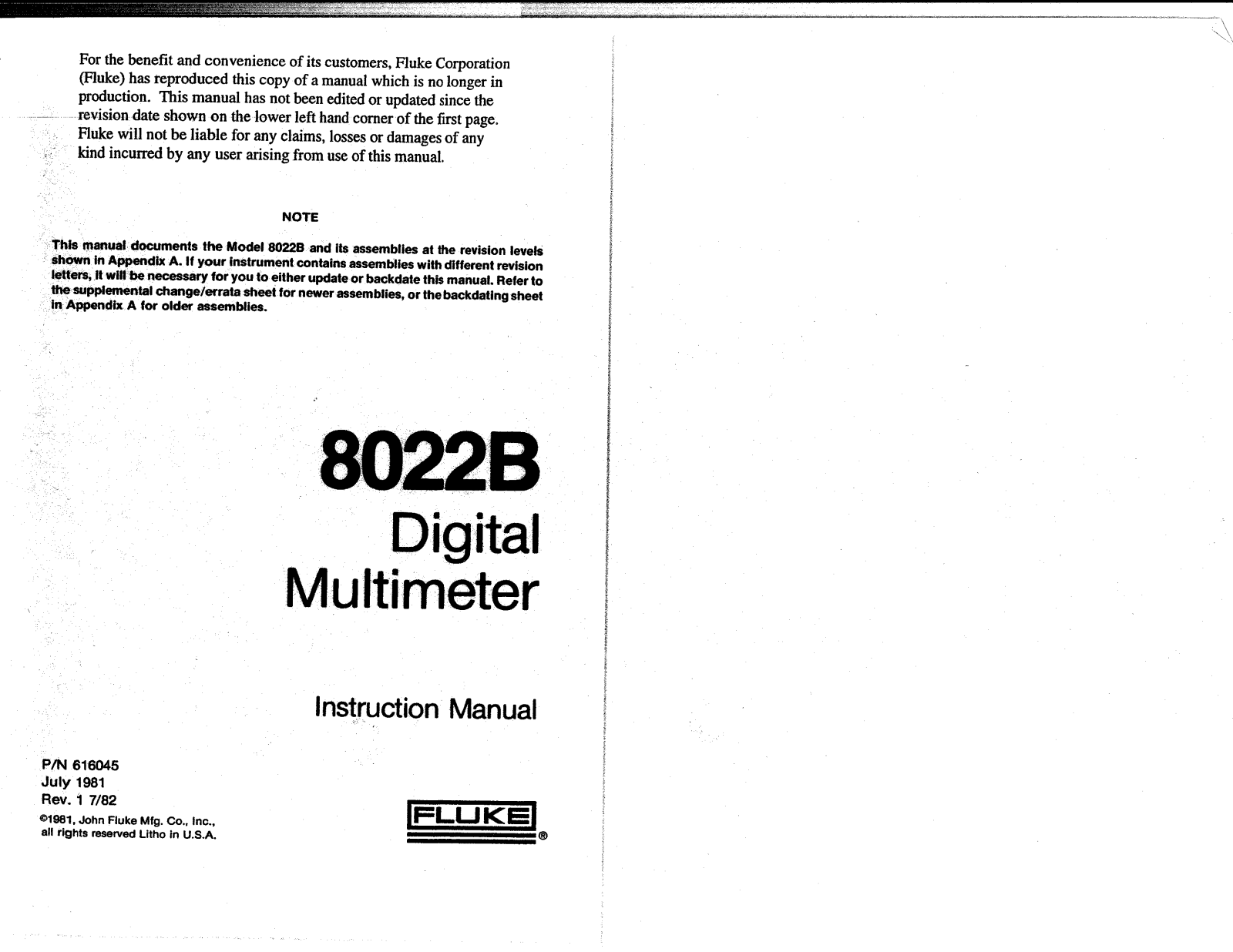 Fluke 8022B Service manual