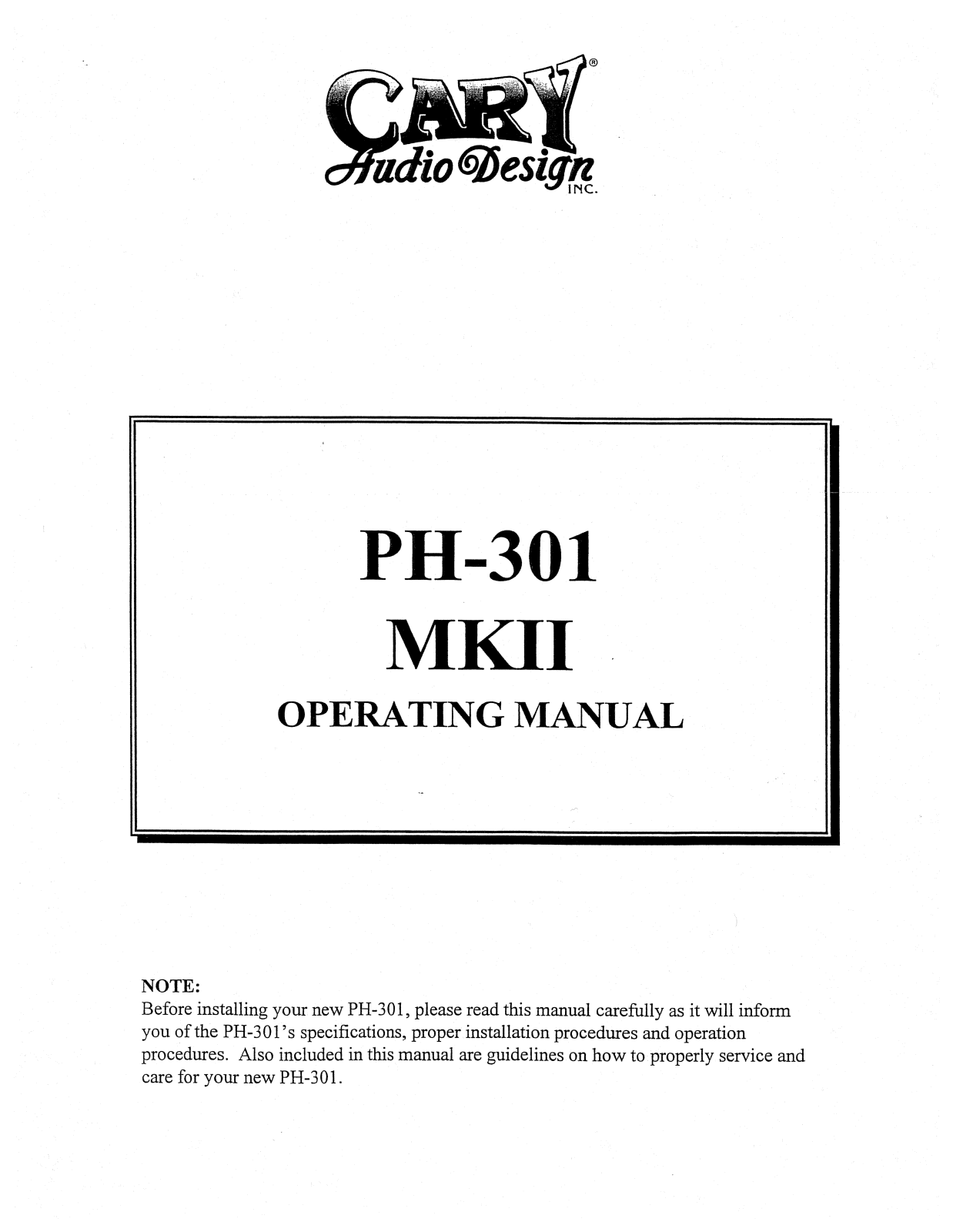 Cary Audio PH 301 MKII Owner's Manual