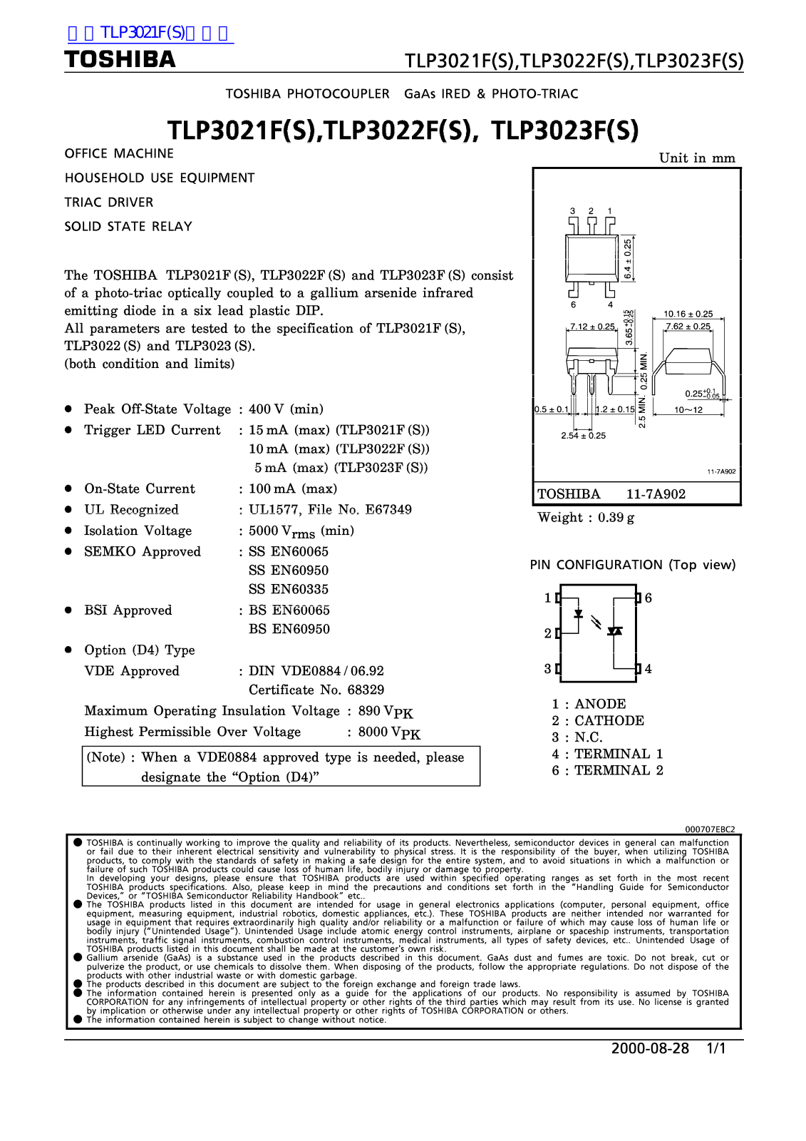 TOSHIBA TLP3021F, TLP3022F, TLP3023F Technical data