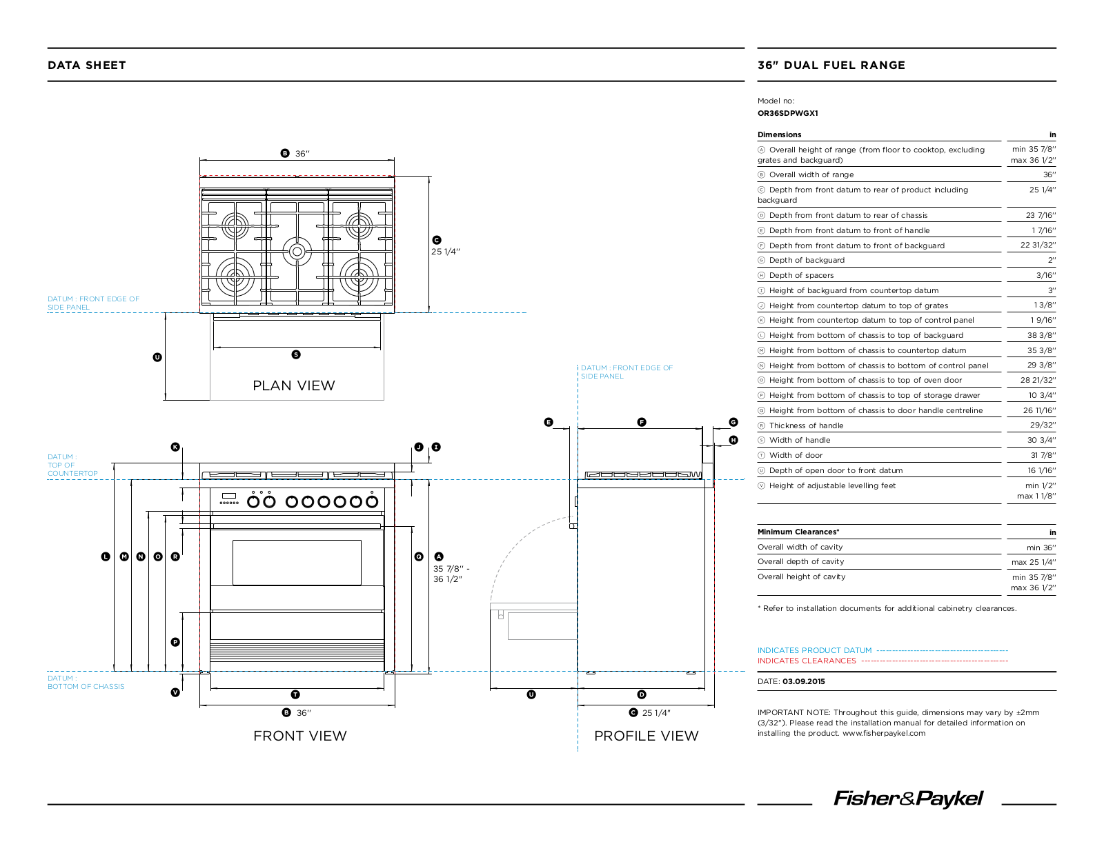 Fisher Paykel OR36SDPWGX1 Data Sheet