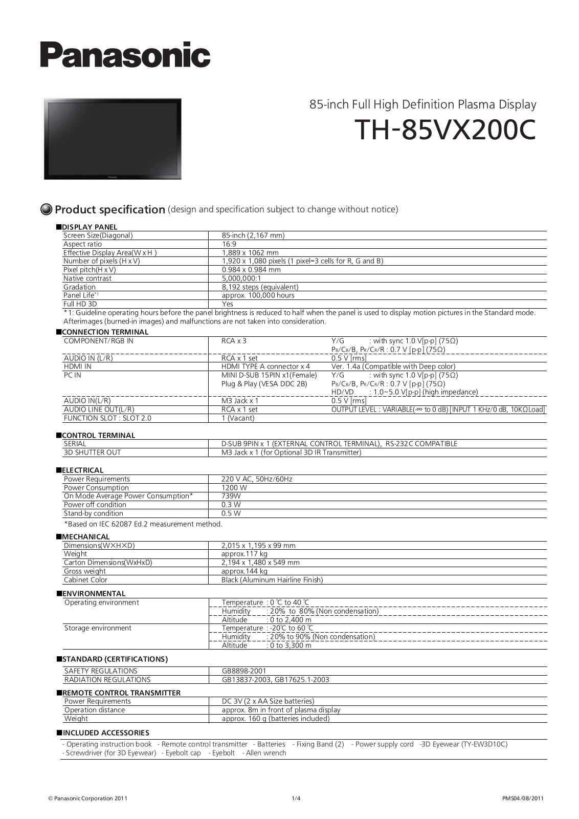 Panasonic TH-85VX200C Product Specification - ManualMachine.com