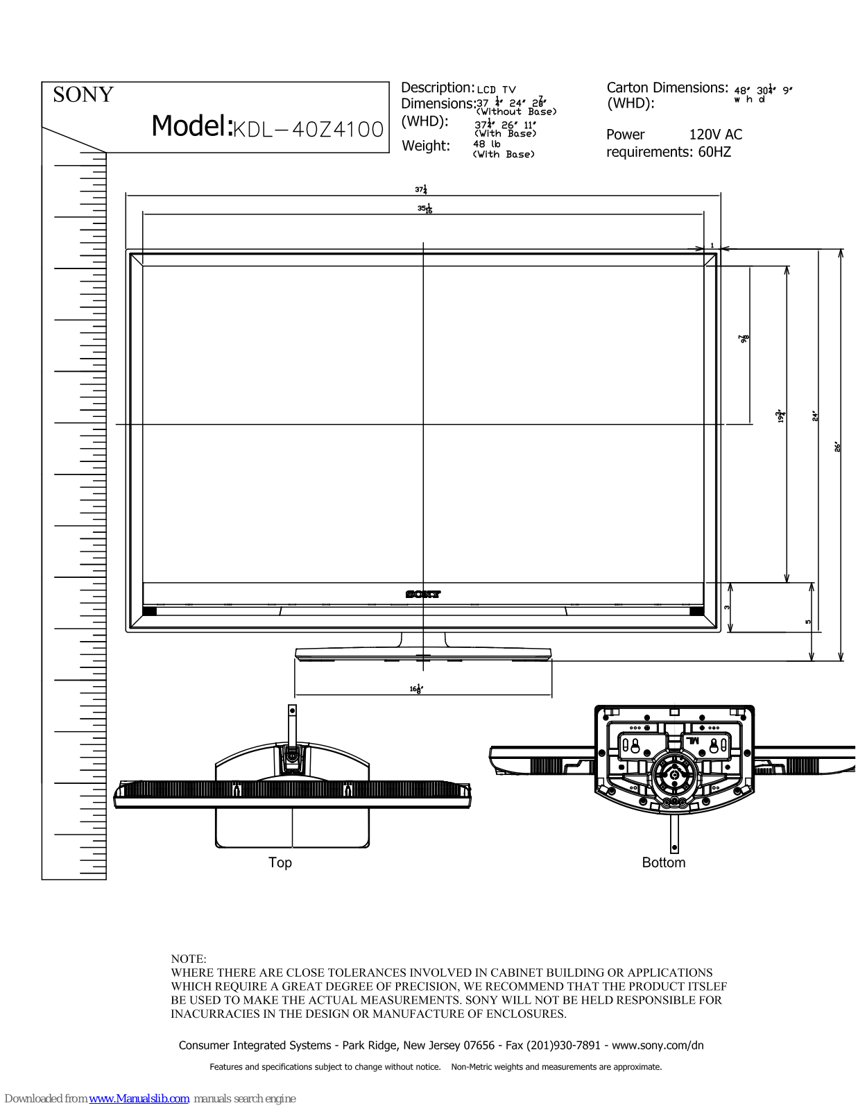 Sony KDL-40Z4100 - Bravia Z Series Lcd Television, KDL-40Z4100/S - Bravia Z Series Lcd Television Dimensions