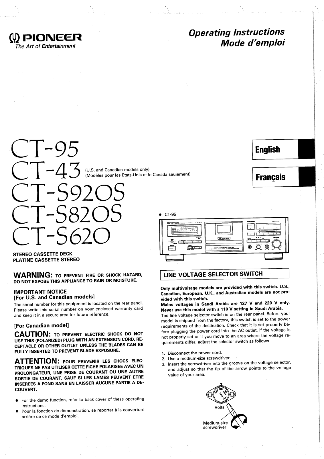 Pioneer CT-43, CT-95, CTS-620, CTS-820-S, CTS-920 Owners manual