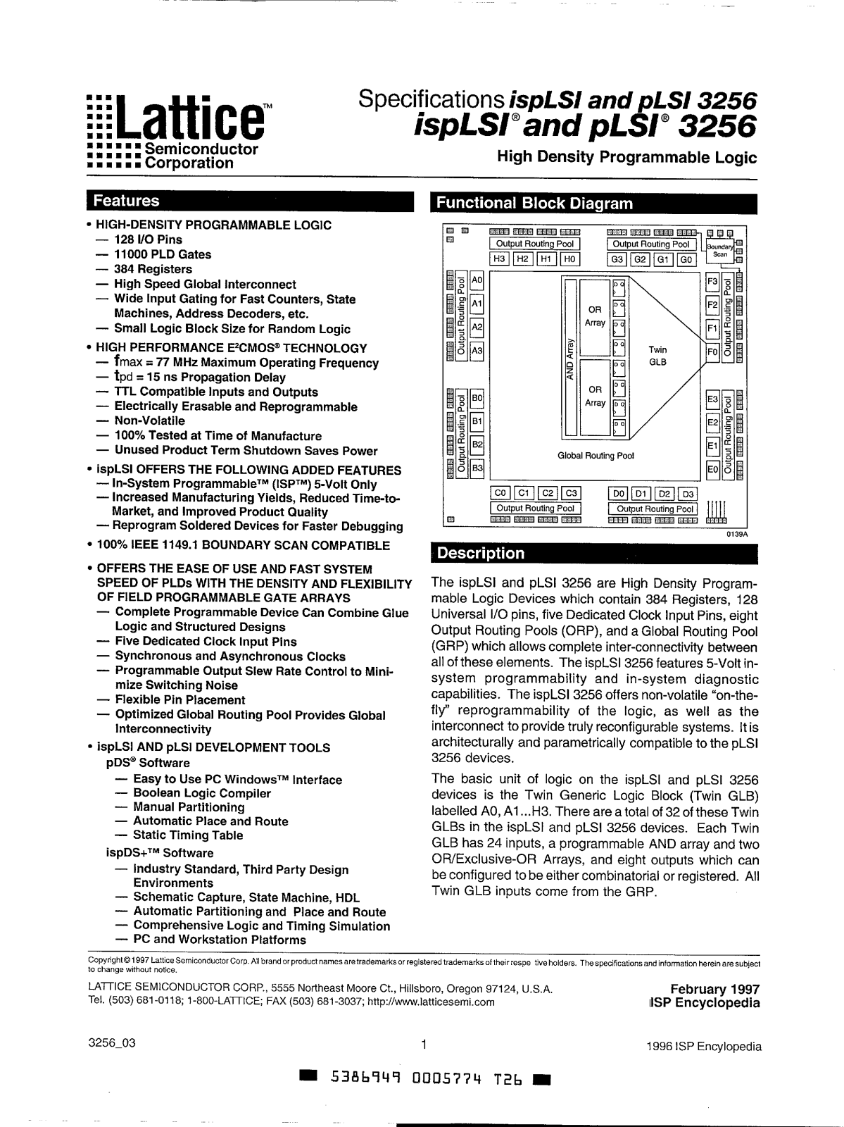 Lattice Semiconductor Corporation ISPLSI3256-70LM, ISPLSI3256-70LG, ISPLSI3256-50LM, ISPLSI3256-50LG, PLSI3256-50LG Datasheet