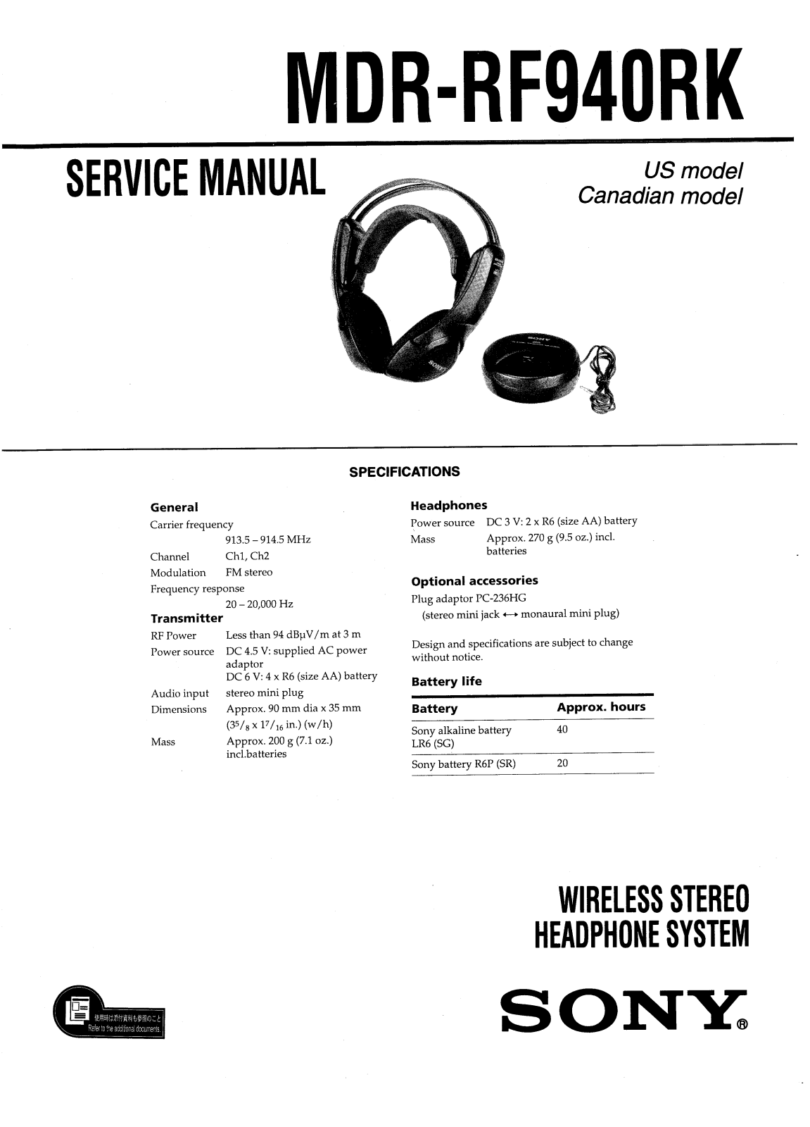 Sony MDRRF-940-RK Service manual