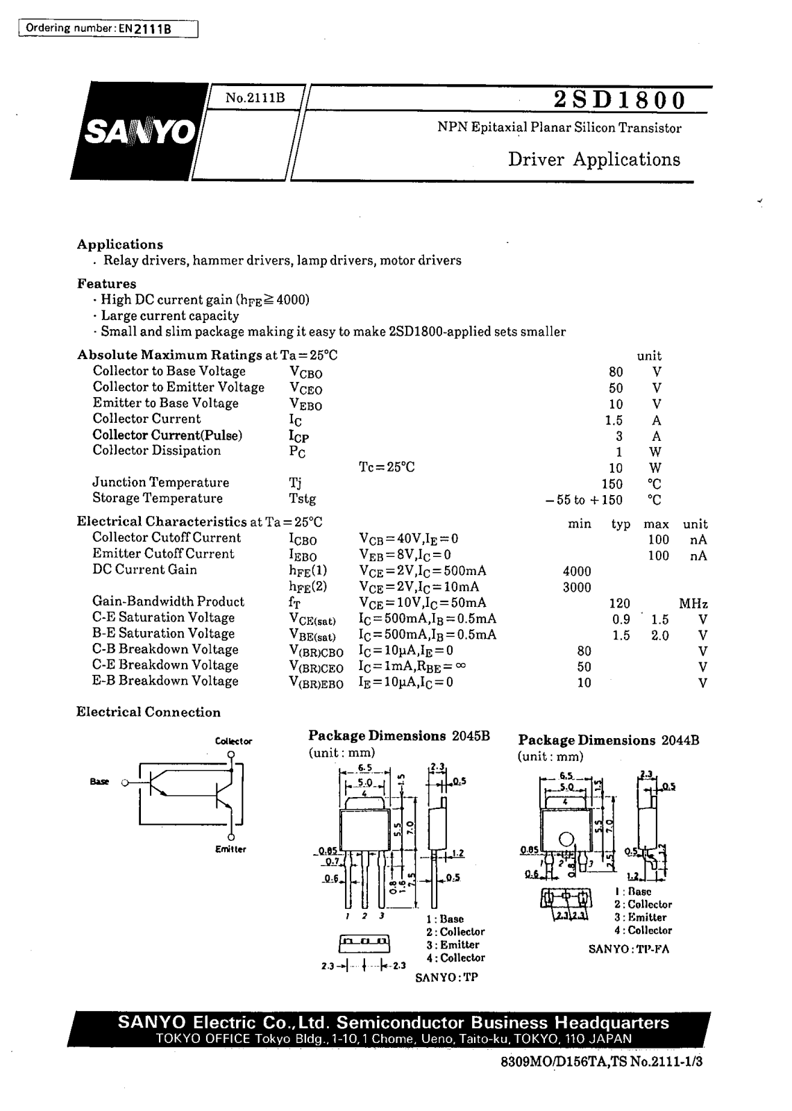 SANYO 2SD1800 Datasheet