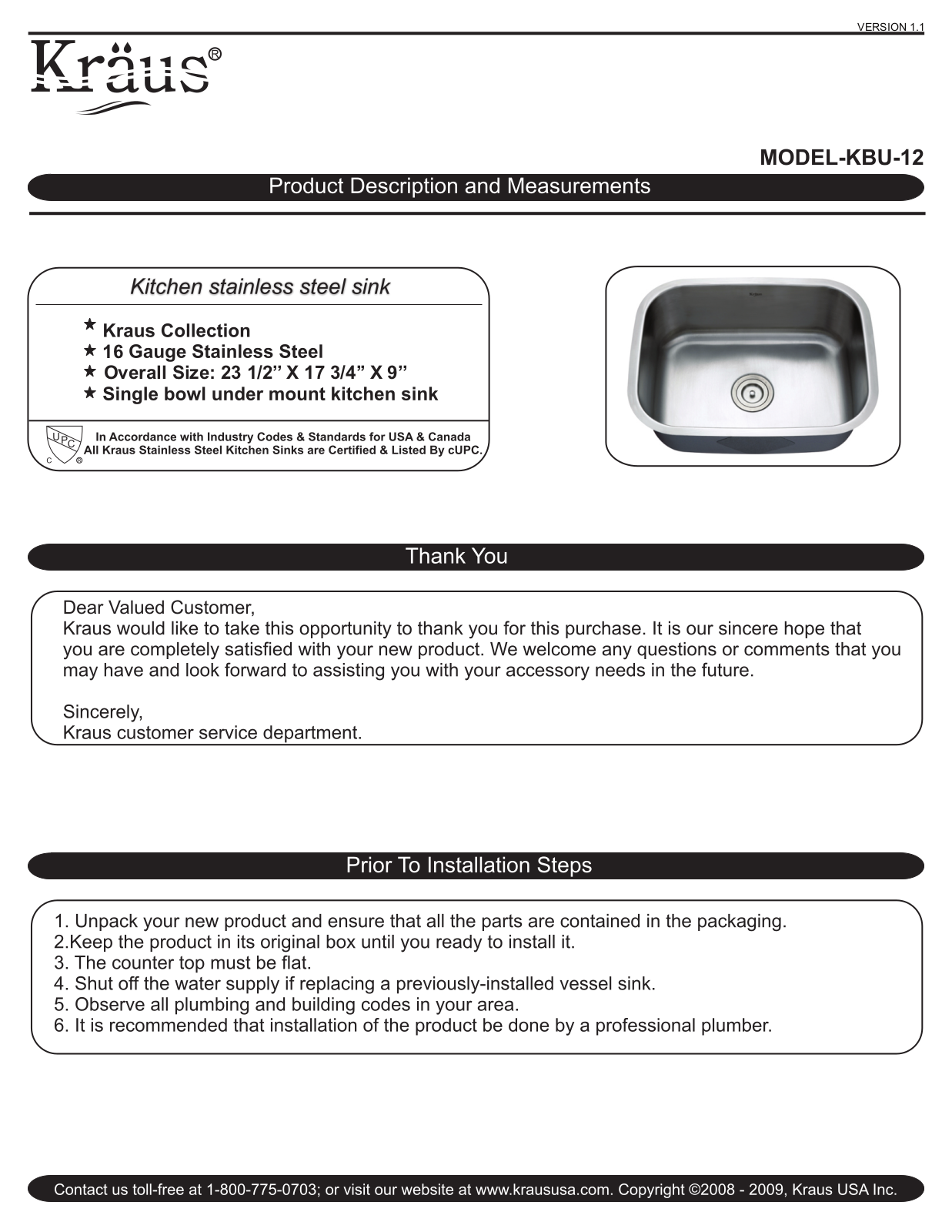 Kraus KBU12KPF2160SD20 Installation manual