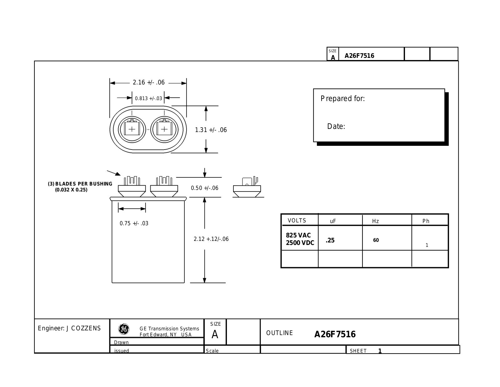 GE Capacitor A26F7516 Dimensional Sheet