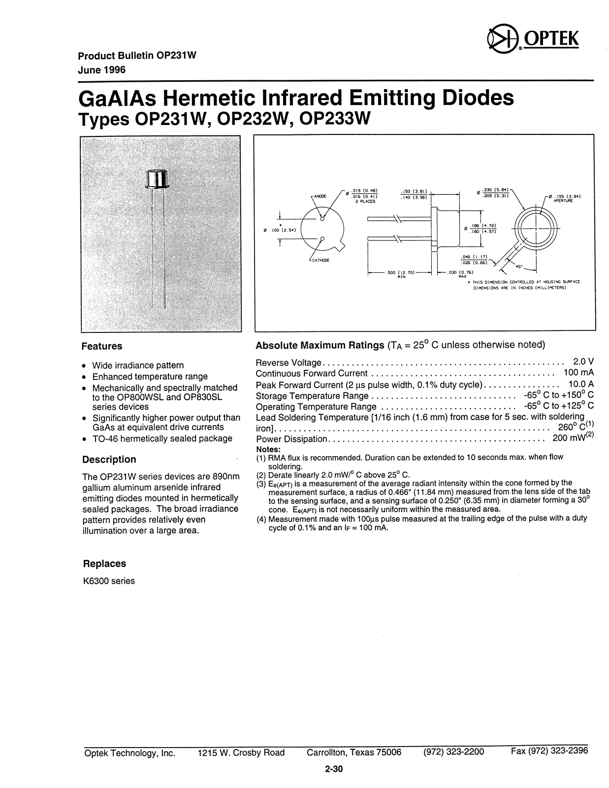 OPTEK OP233W, OP232W, OP231W Datasheet