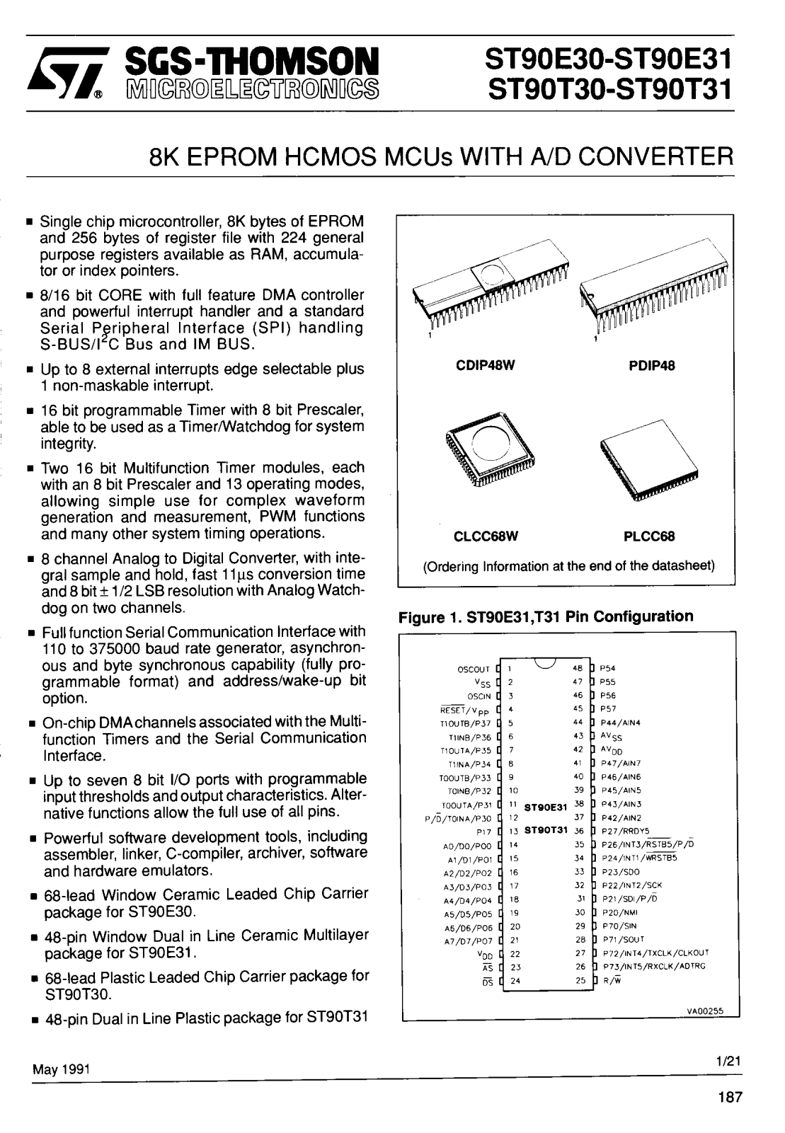 SGS Thomson Microelectronics ST90E31D6, ST90E31D1, ST90E30L6, ST90E30L1, ST90T31B6 Datasheet