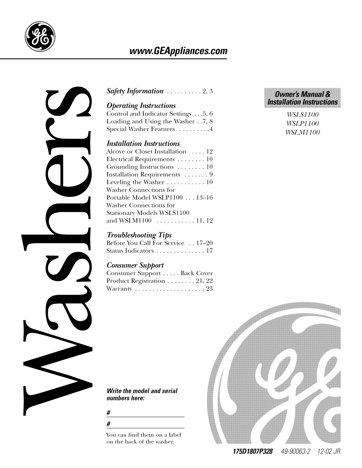 GE WSLS1100A1WW, WSLS1100A1AA, WSLS1100A0WW, WSLS1100A0AA, WSLP1100A1WW Owner’s Manual