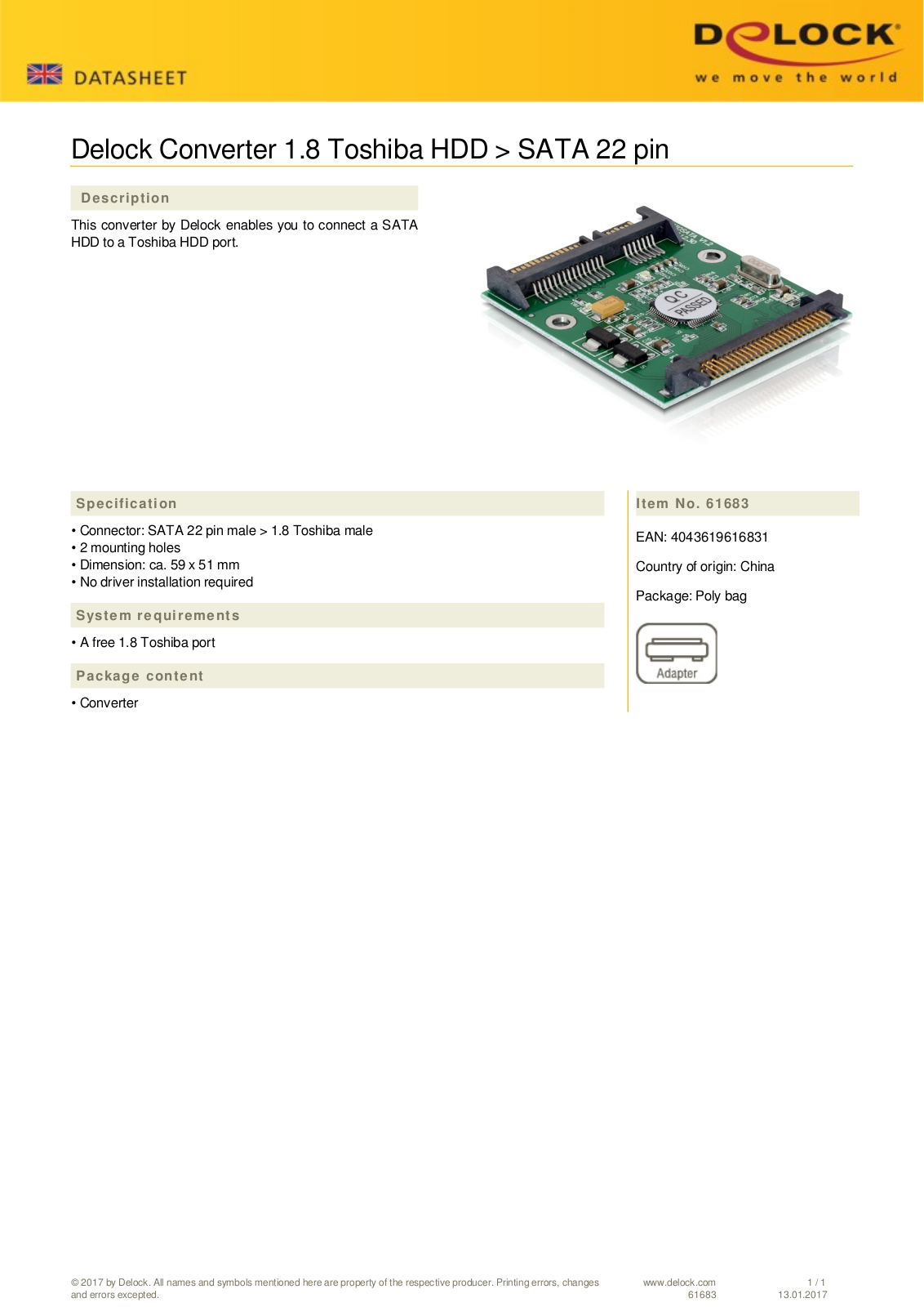 DeLOCK 1.8  Toshiba HDD auf SATA 22 Pin User Manual