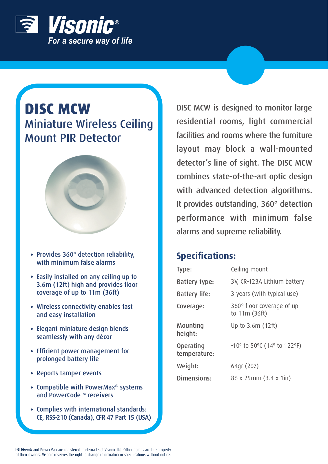 Visonic DISC-MCW Specsheet