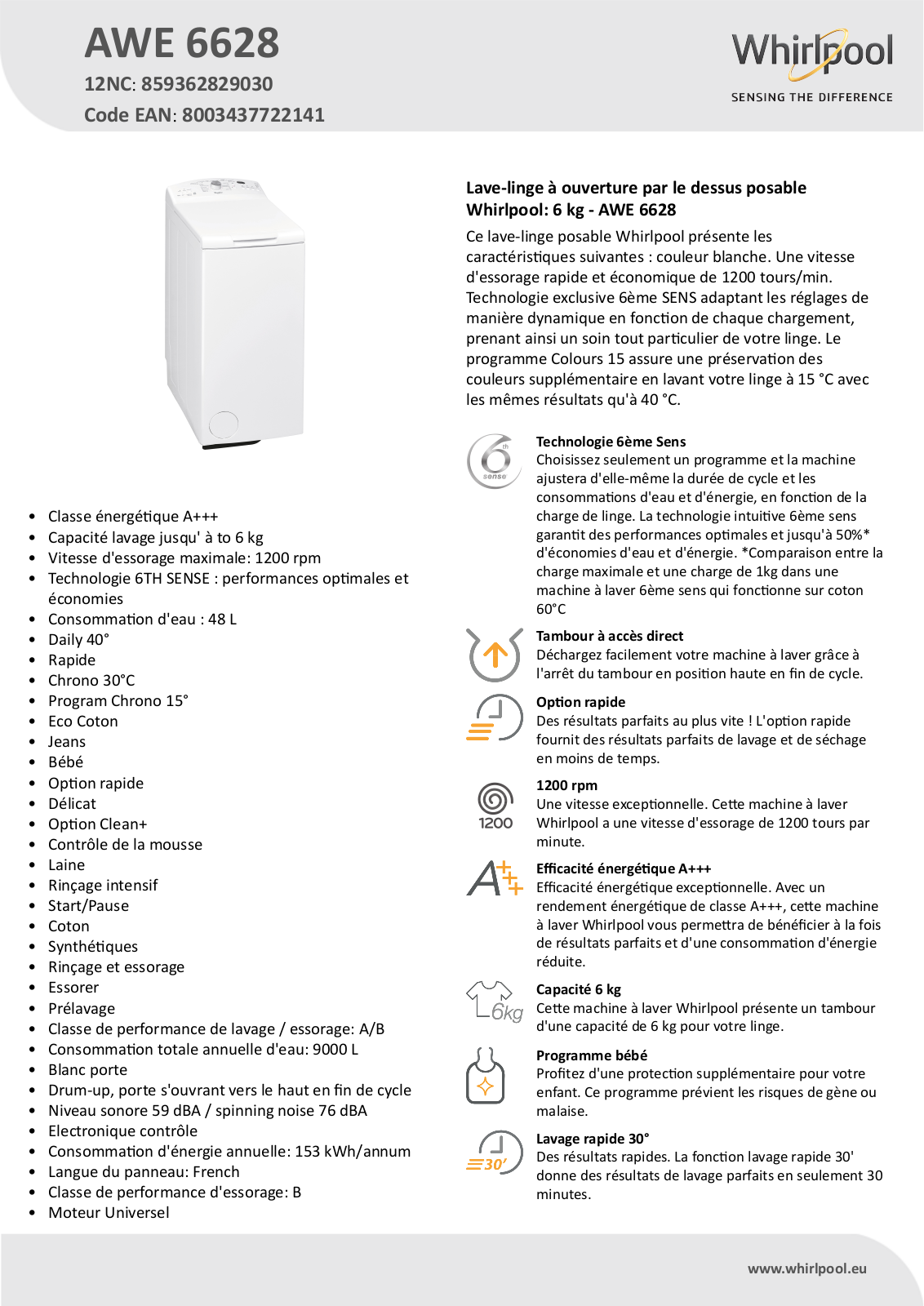 Whirlpool AWE 6628 Product information