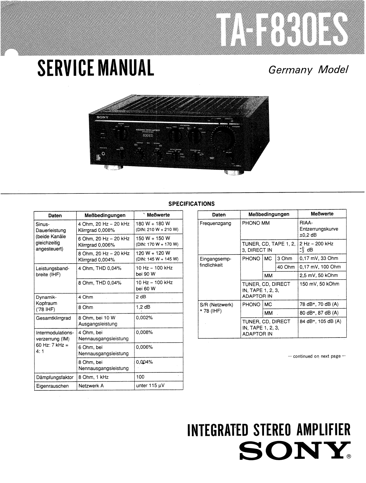 Sony TAF-830-ES Service manual