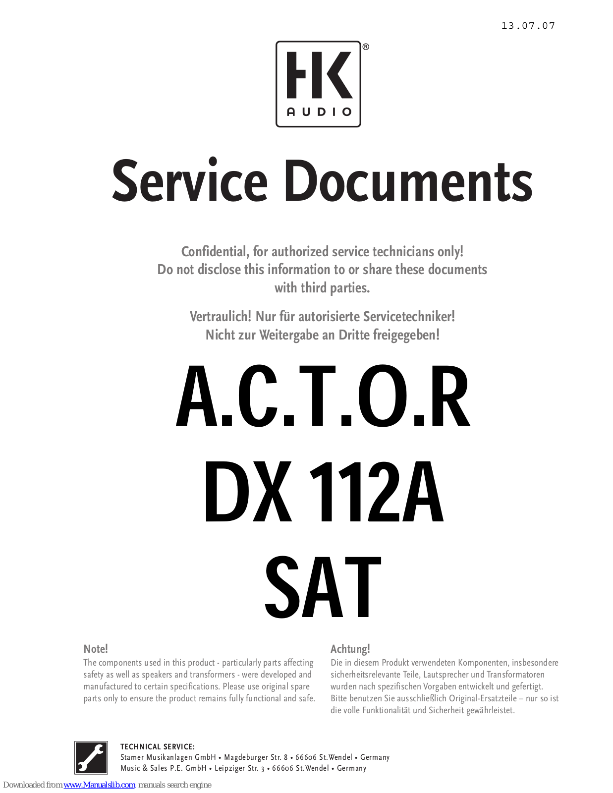 HK Audio A.C.T.O.RDX 112ASAT, ADX 112 A, ADX 115 Sub A, ADX 115 Sub B Service Documents