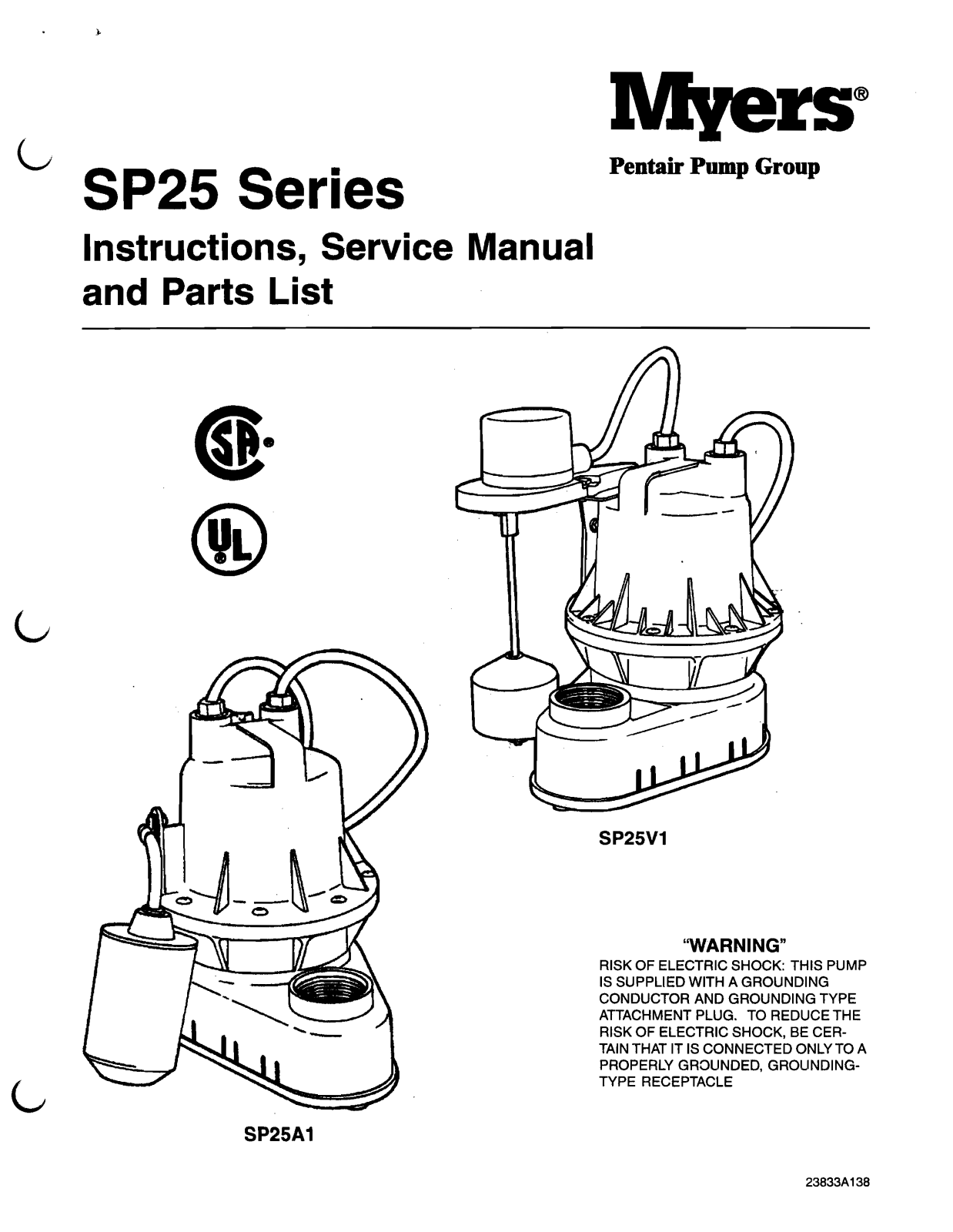 Myers SP25V1, SP25A1 User Manual