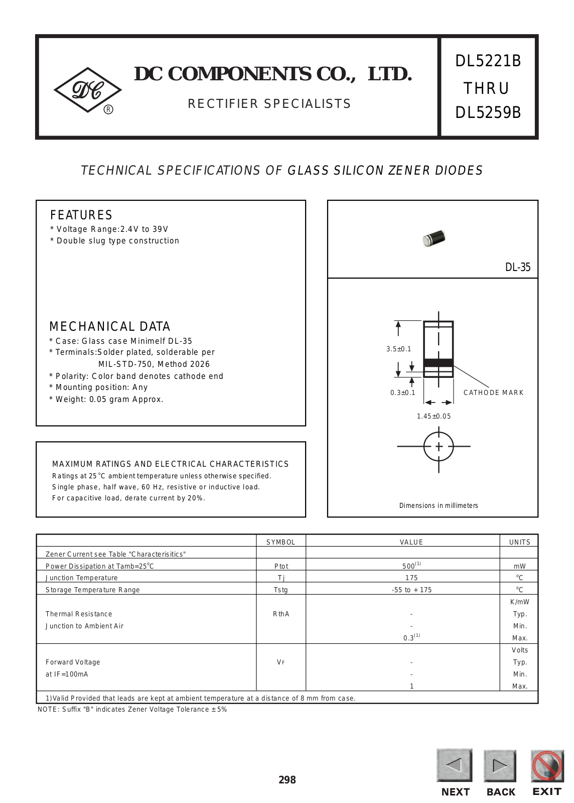 DCCOM DL5259B, DL5258B, DL5257B, DL5256B, DL5255B Datasheet