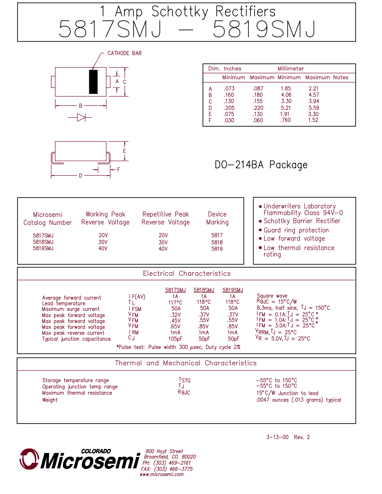 Microsemi Corporation 5819SMJ, 5818SMJ, 5817SMJ Datasheet