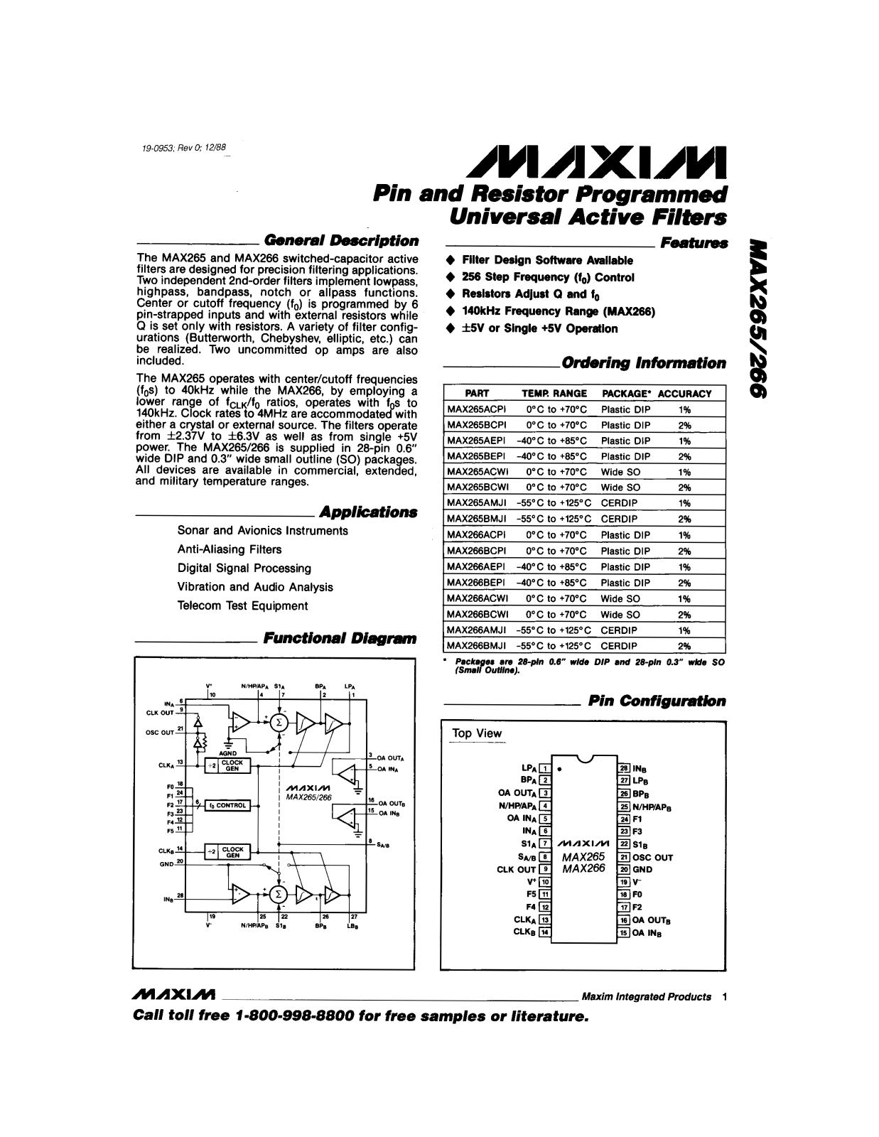 Maxim MAX265BMJI, MAX265BCWI, MAX265BCPI, MAX265AMJI, MAX265AEPI Datasheet