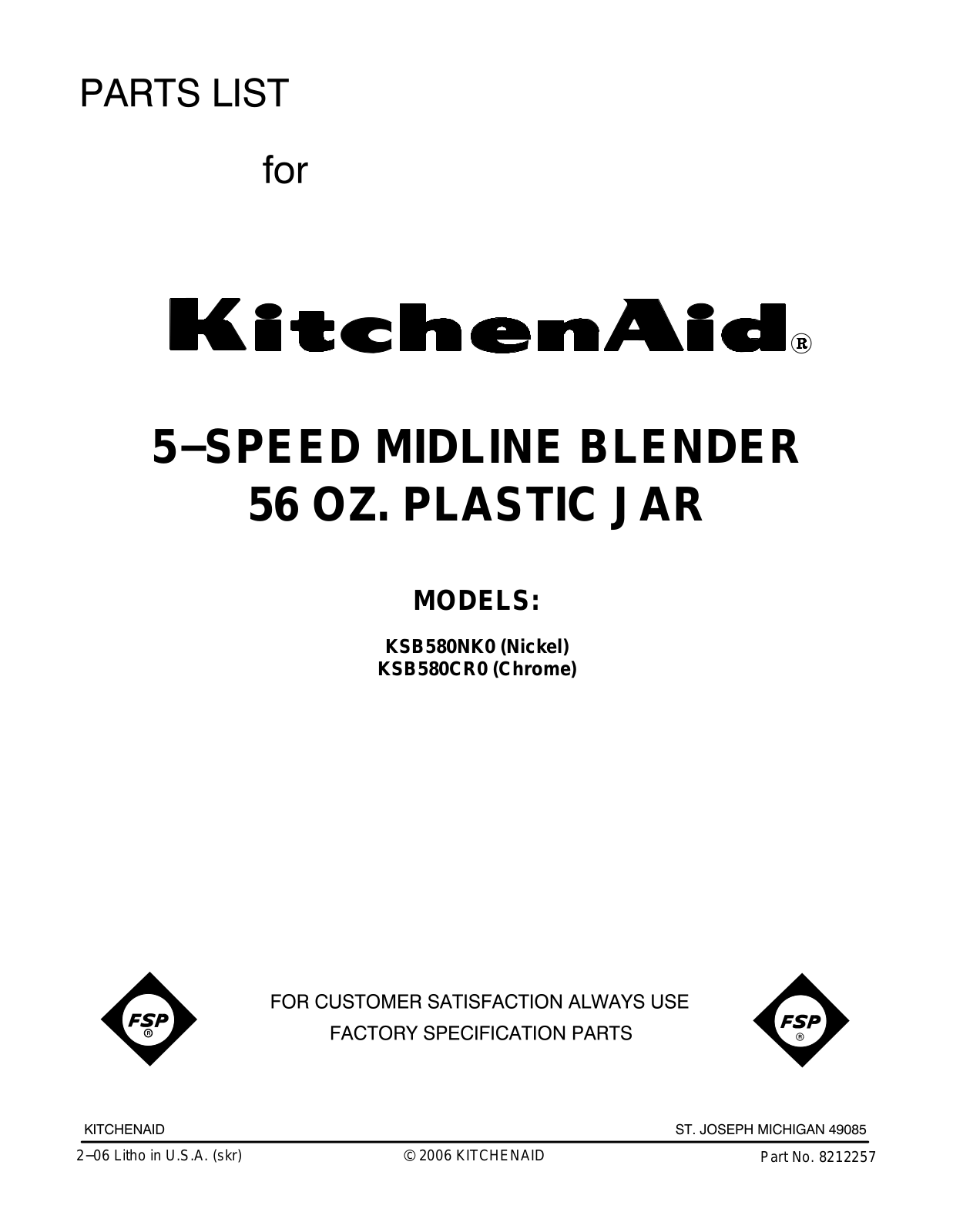 KitchenAid KSB580NK0, KSB580CR0 User Manual