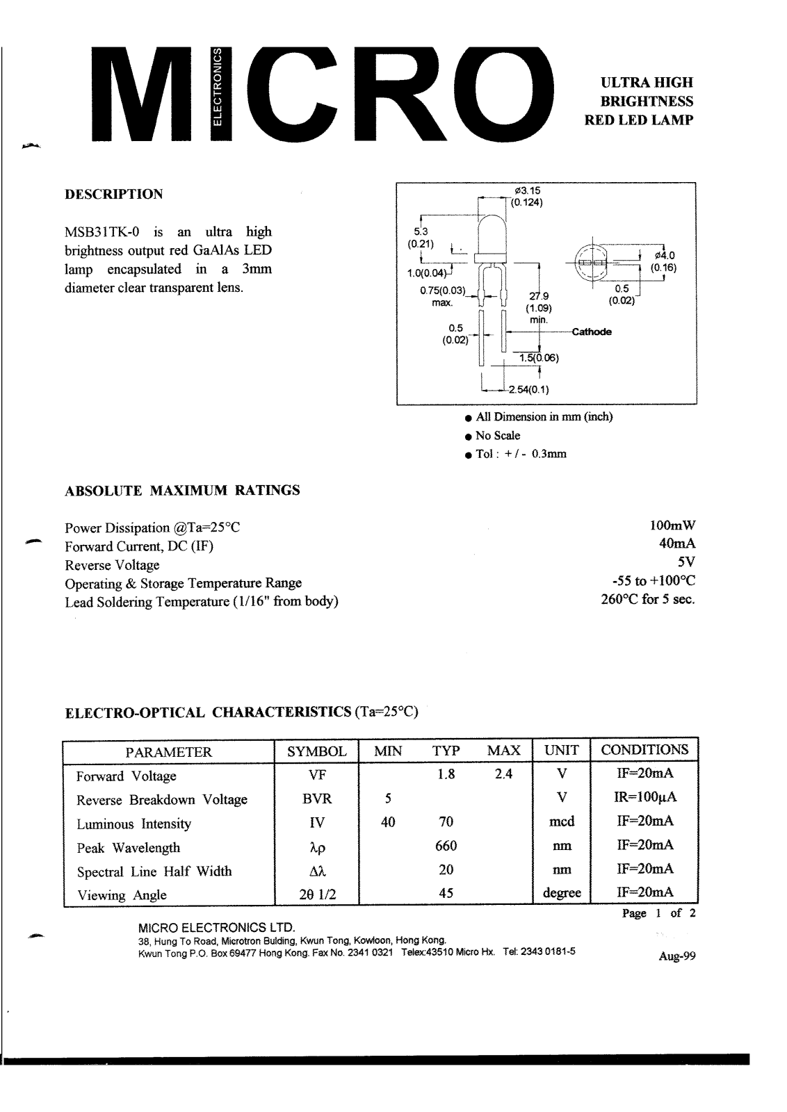 MICRO MSB31TK-0 Datasheet