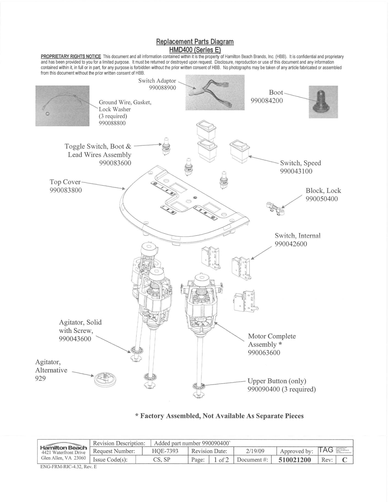 Hamilton Beach HMD400 ( E) Parts List