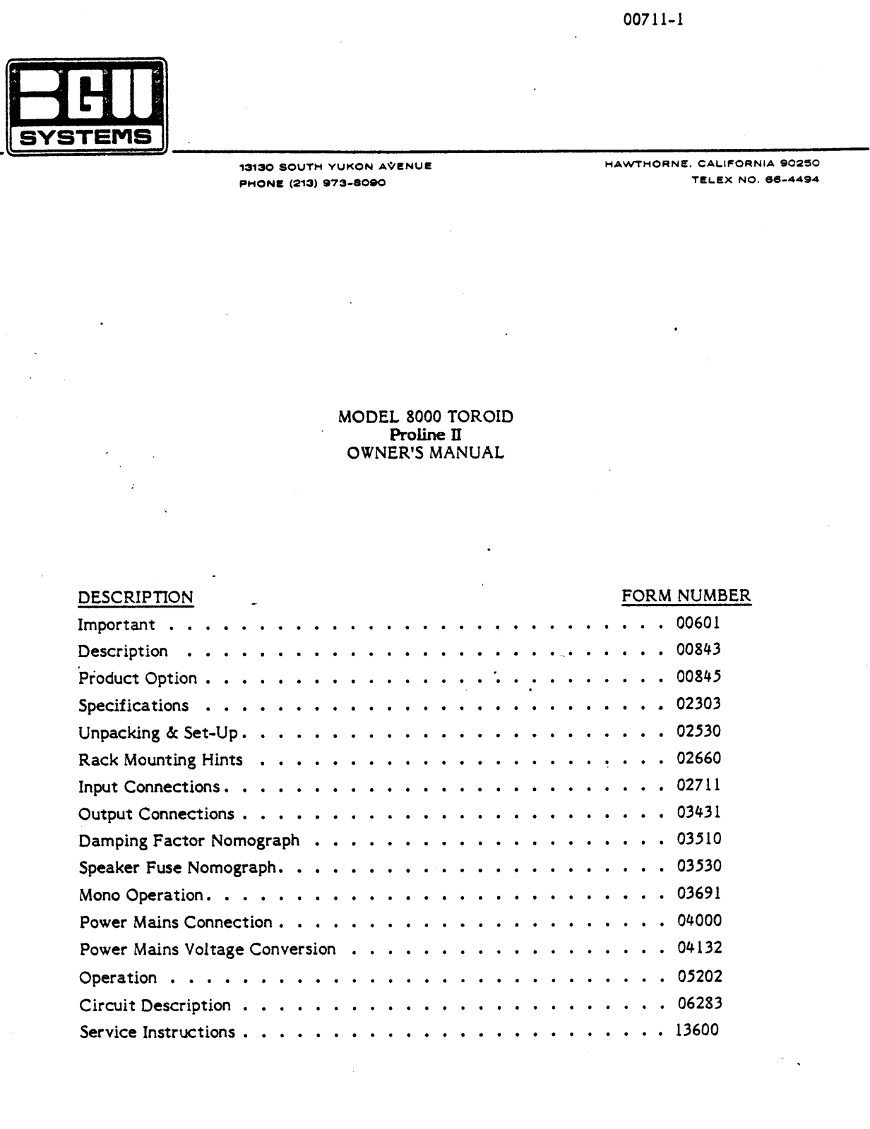 BGW 8000 Owners manual