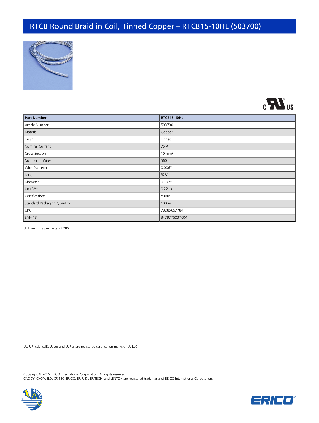 ERICO 503700 Data Sheet