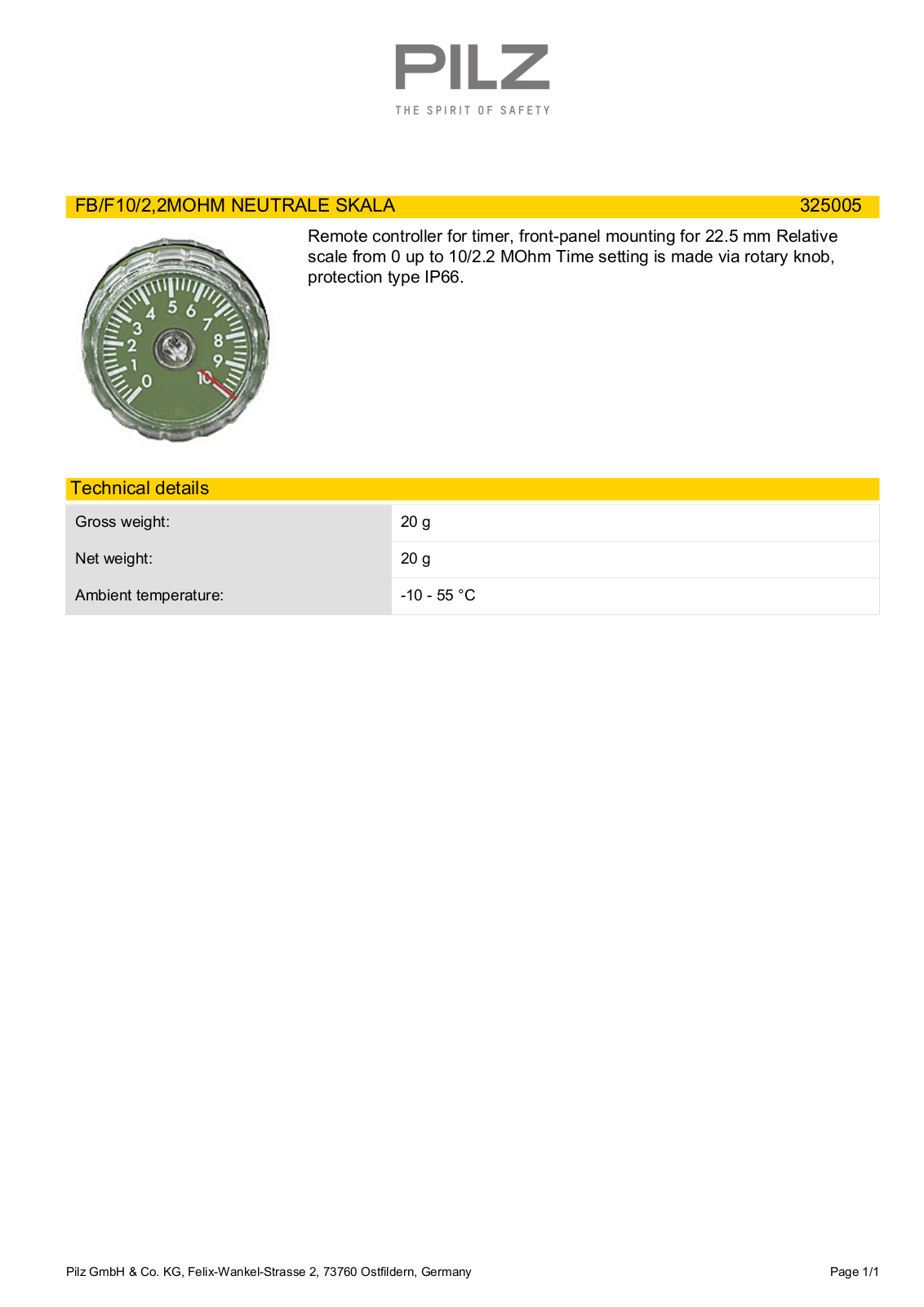 Pilz 325005 Data Sheet