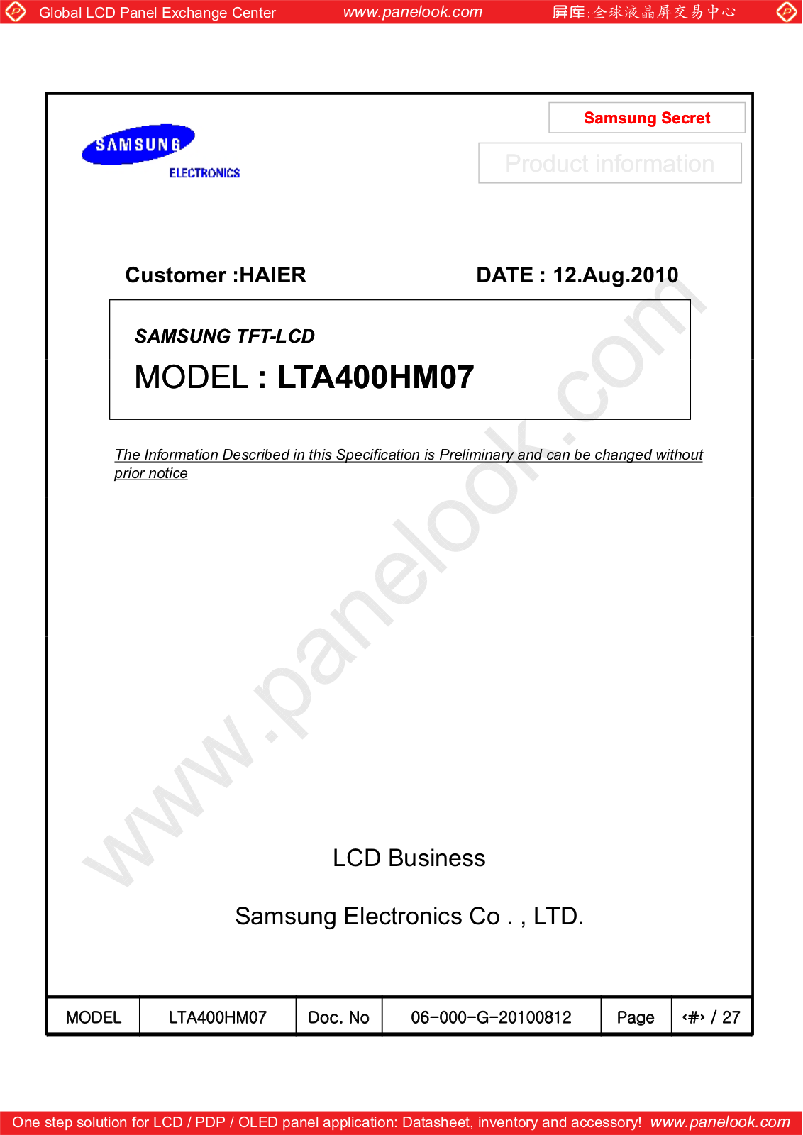 SAMSUNG LTA400HM07 Specification