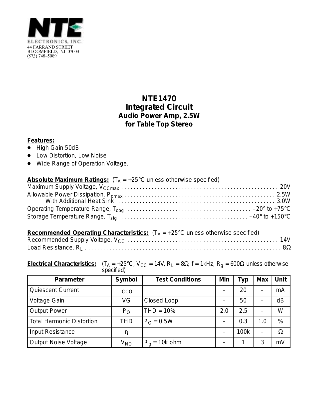 Datasheet NTE1470 Datasheet (NTE) - ManualMachine.com