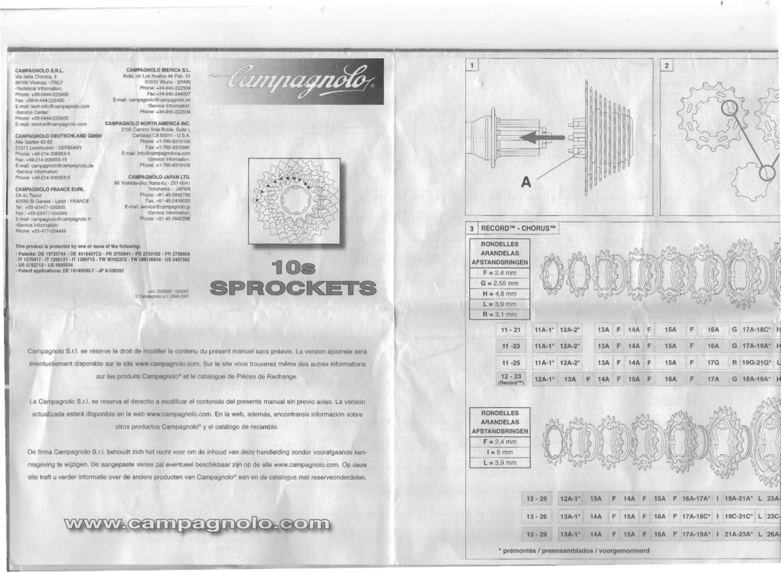 CAMPAGNOLO CENTAUR, CHORUS, MIRAGE, VELOCE User Manual