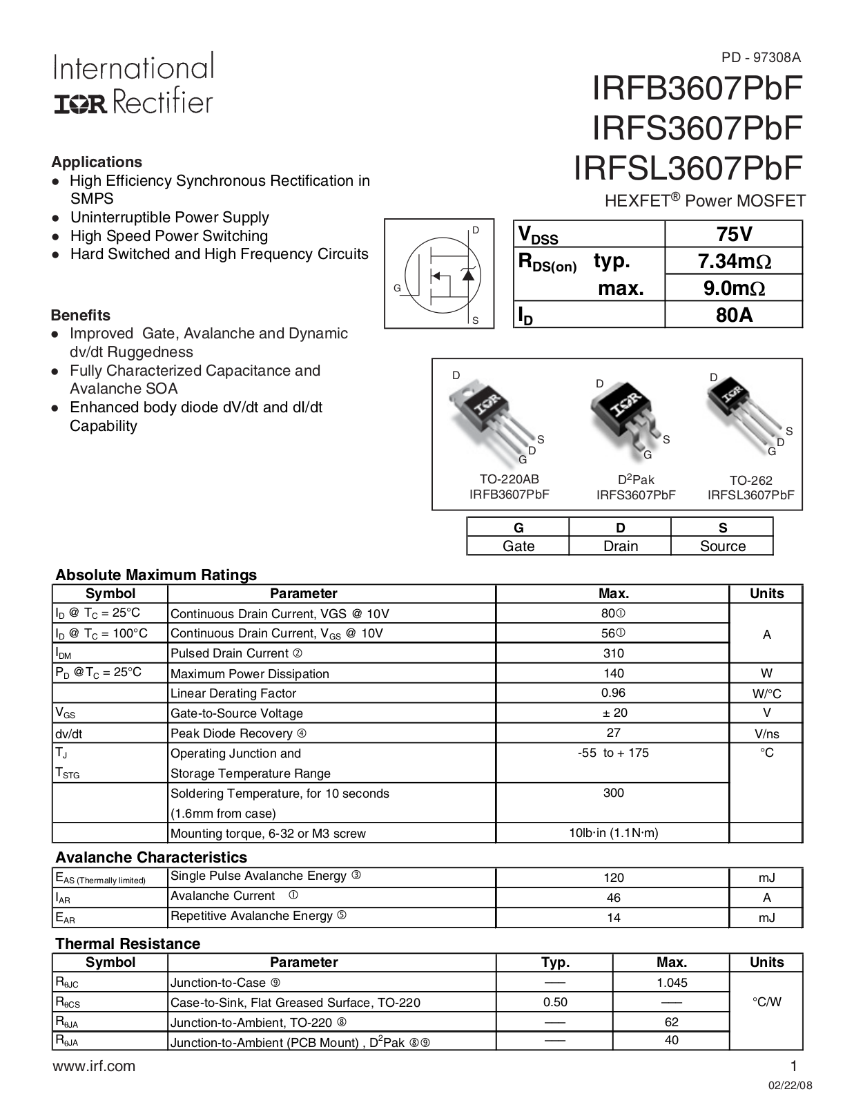 Datasheet IRFB3607PbF, IRFS3607PbF, IRFSL3607PbF Datasheet - ManualMachine.com