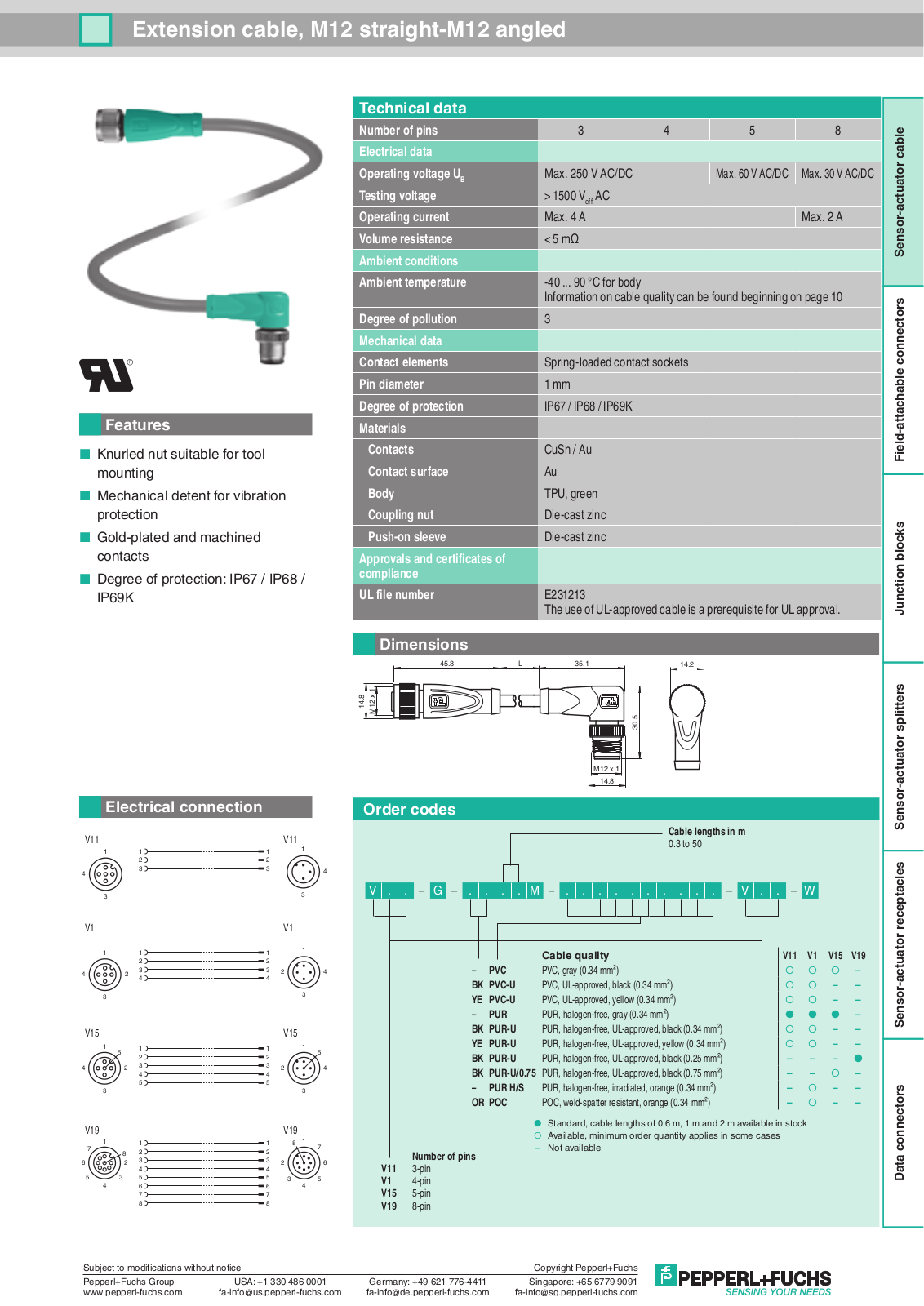 Pepperl Fuchs V1-G-8M-PUR-V1-W Data Sheet