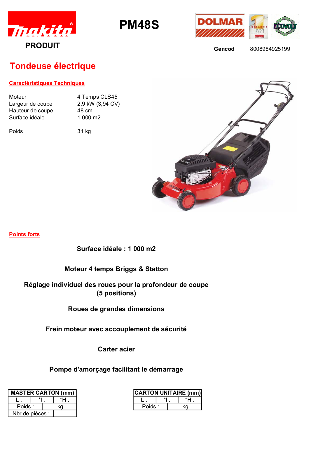 Makita PM48S TECHNICAL CHARACTERISTICS