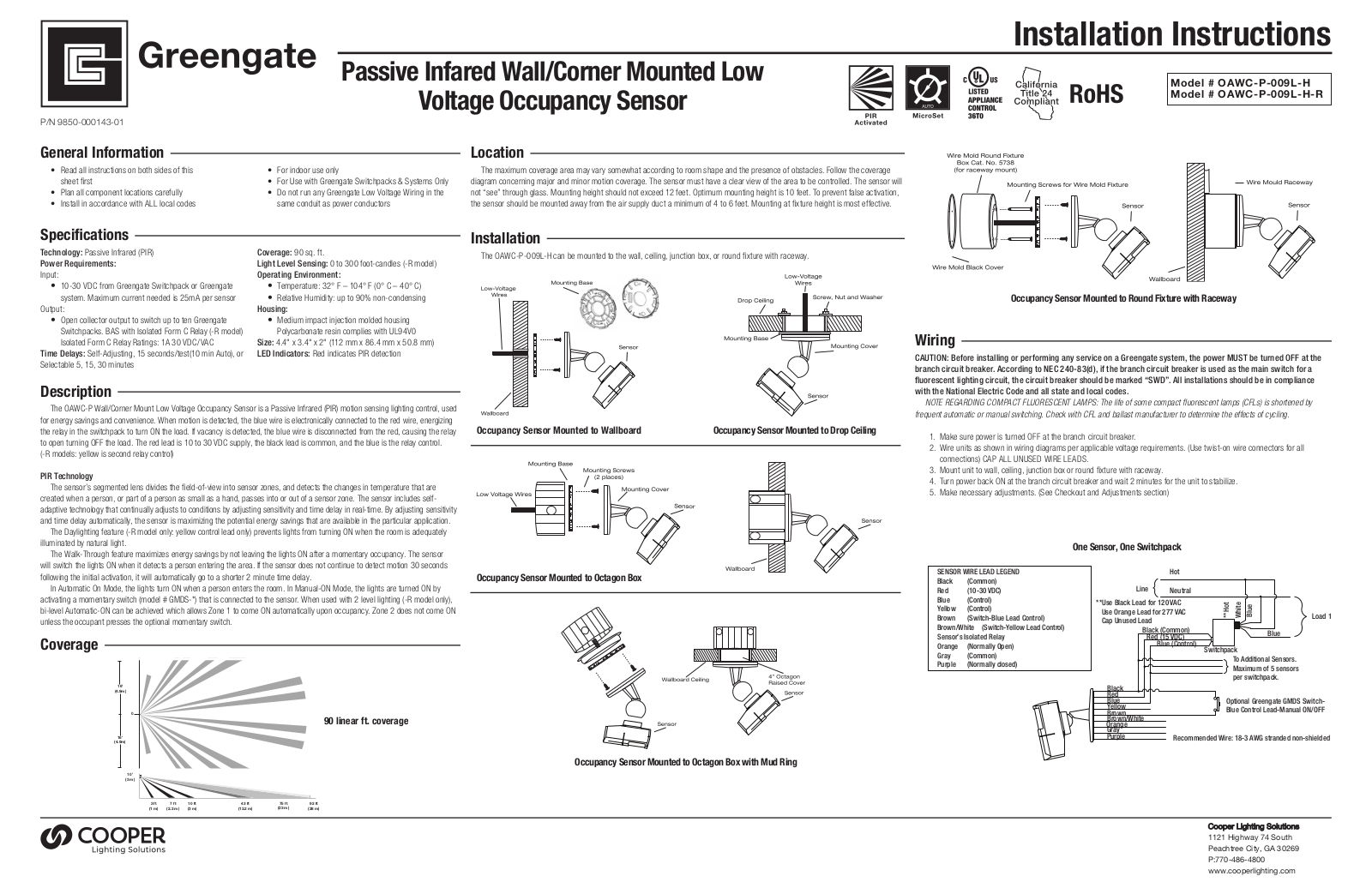 Greengate OAWC-P-009L-H, OAWC-P-009L-H-R Installation Instructions