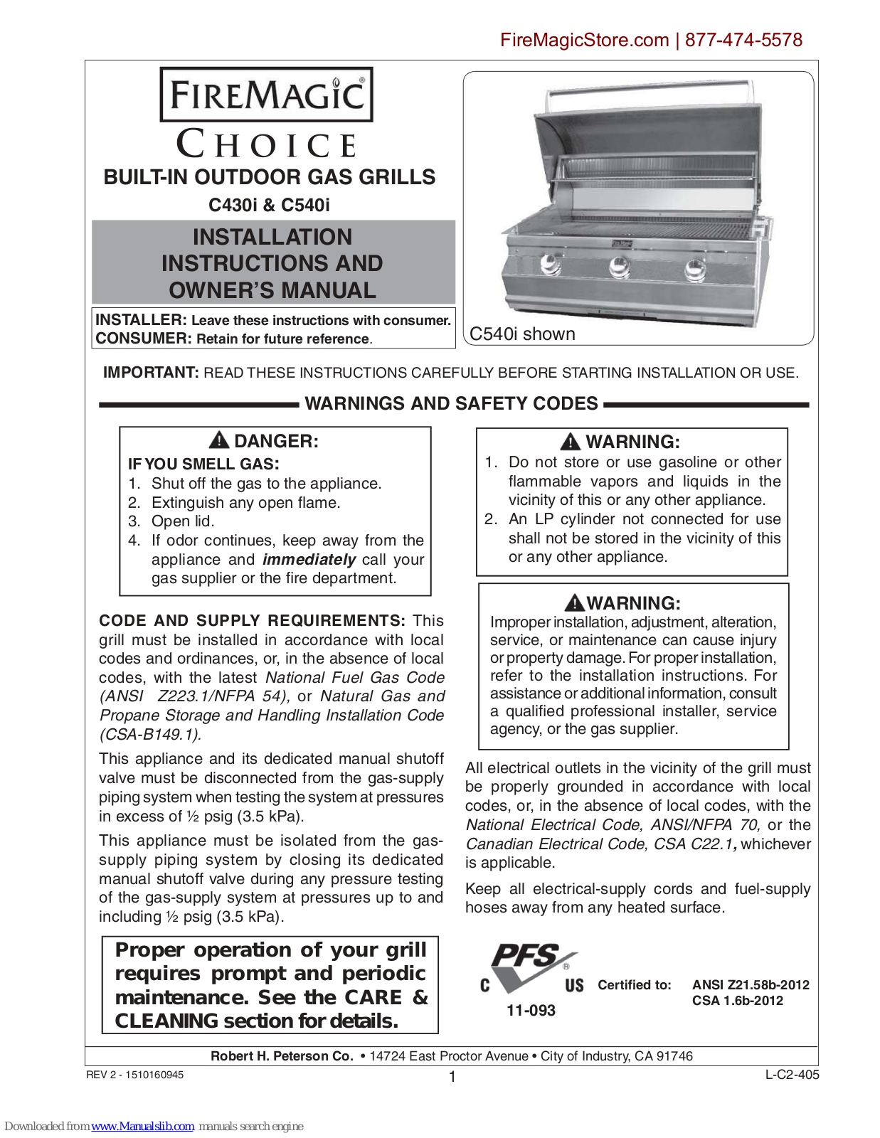 FireMagic Choice C430i, Choice C540i Installation Instructions And Owner's Manual