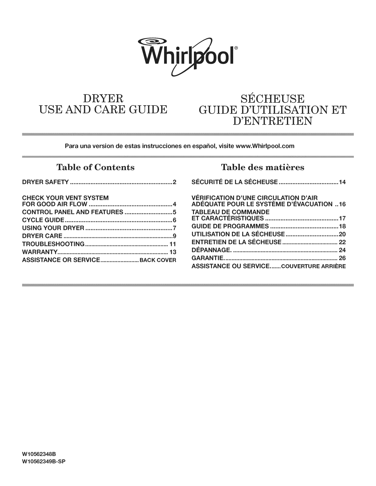 Whirlpool YWED5800BW0, YWED5800BC0, WGD5810BW0, WGD5800BW0, WGD5800BC0 Owner’s Manual