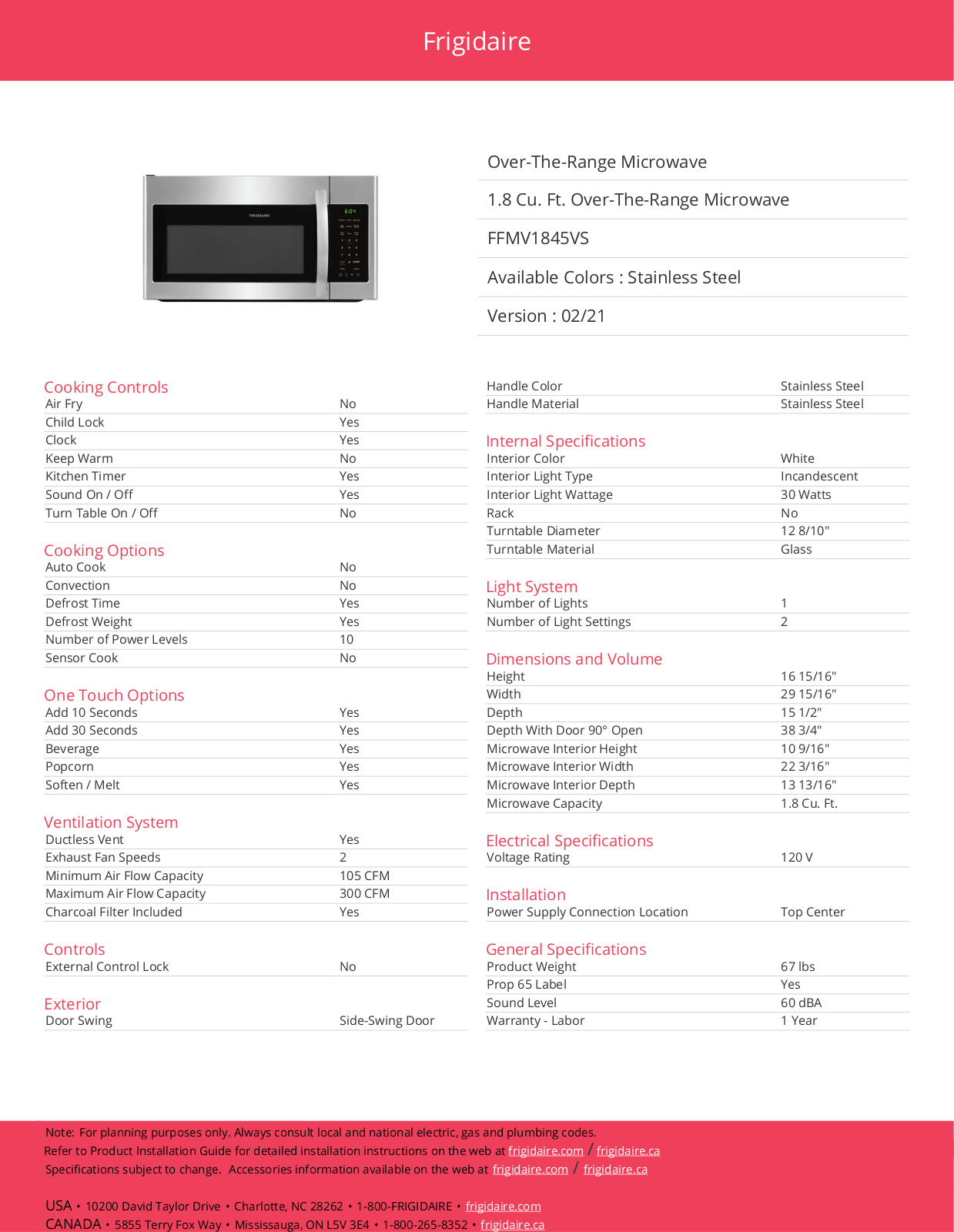 Frigidaire FFMV1845VS Specification Sheet