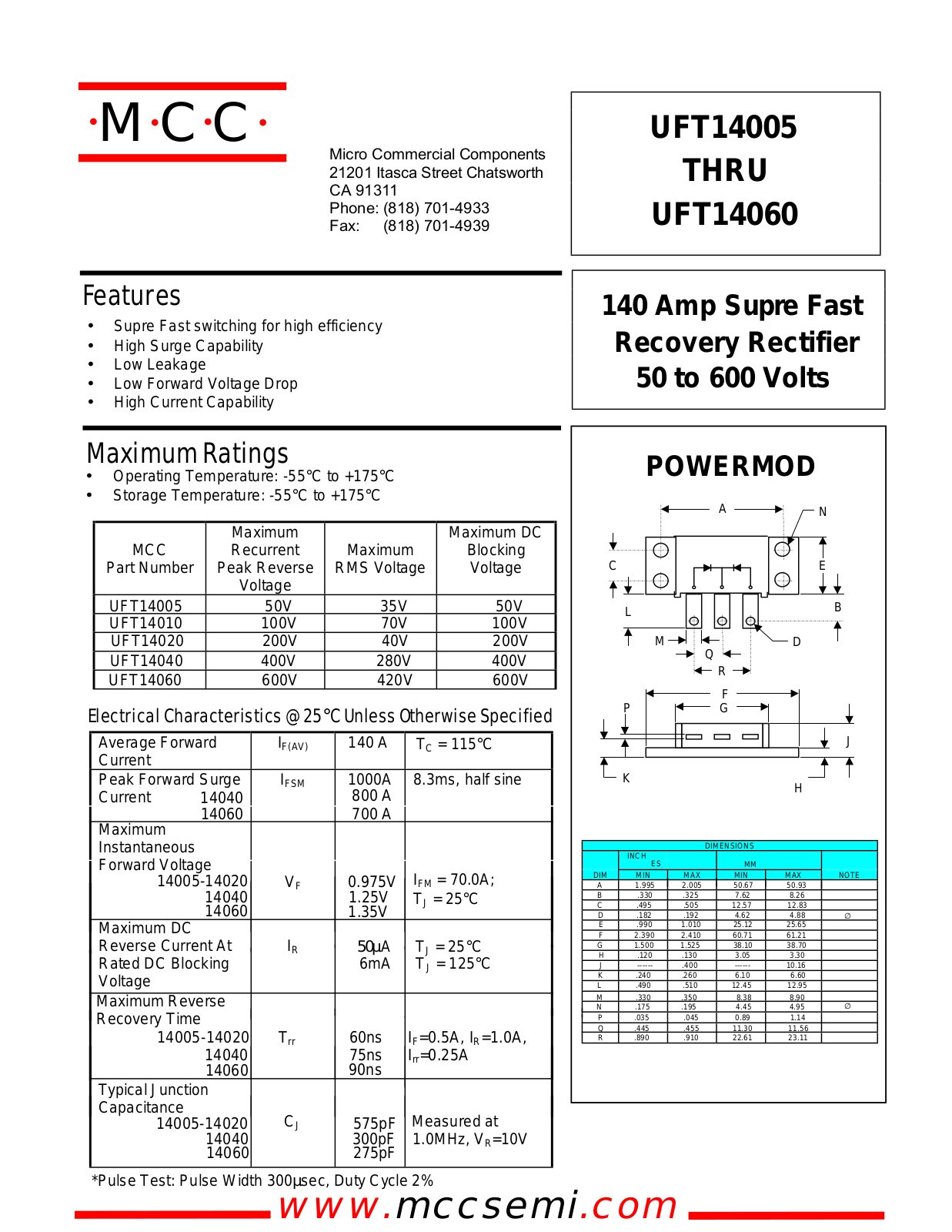 MCC UFT14010, UFT14005, UFT14040, UFT14020 Datasheet