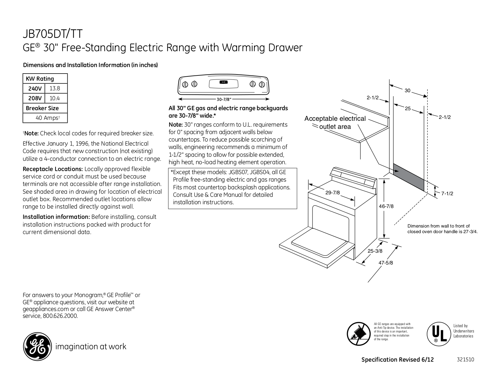 GE JB705DT, JB705TT Specification