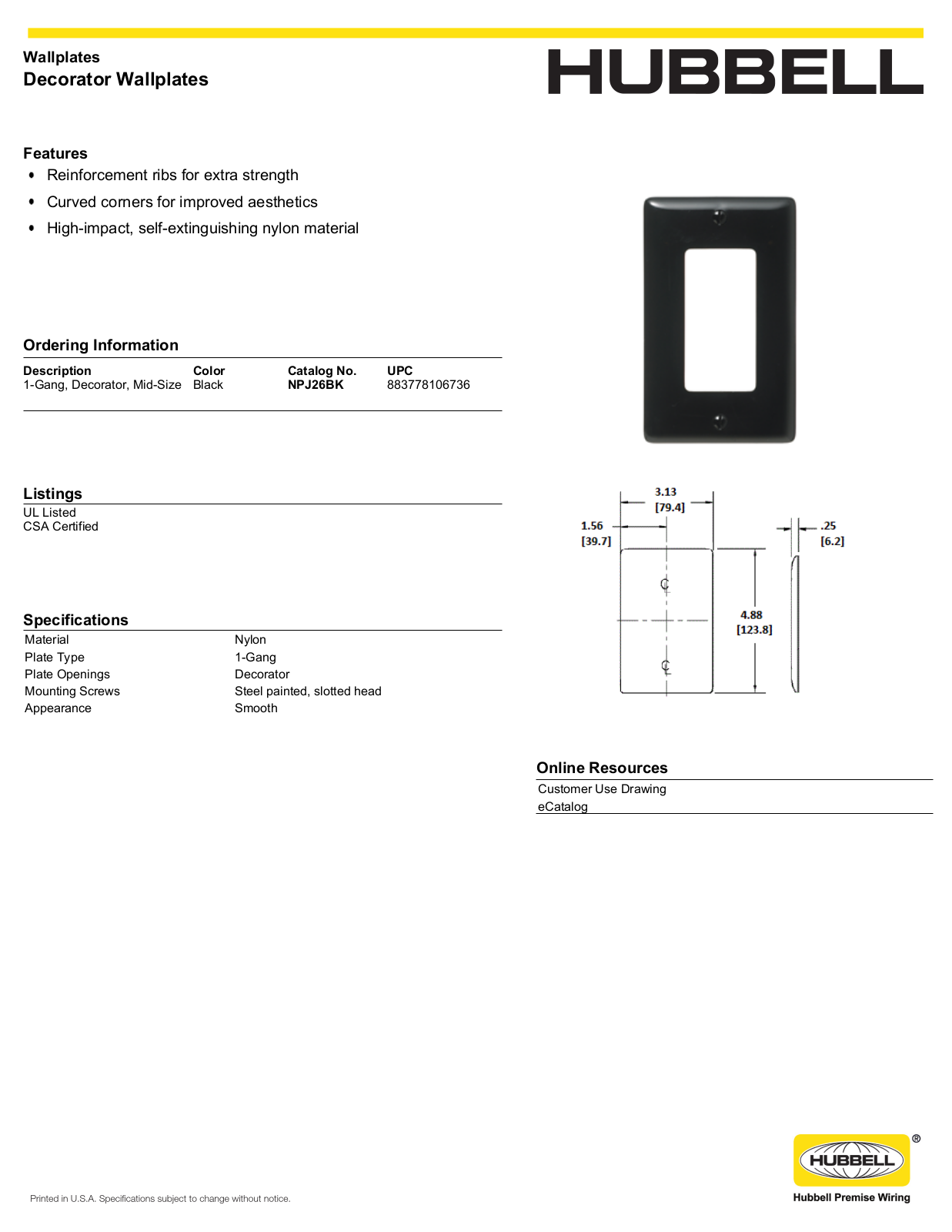 Hubbell NPJ26BK Specifications